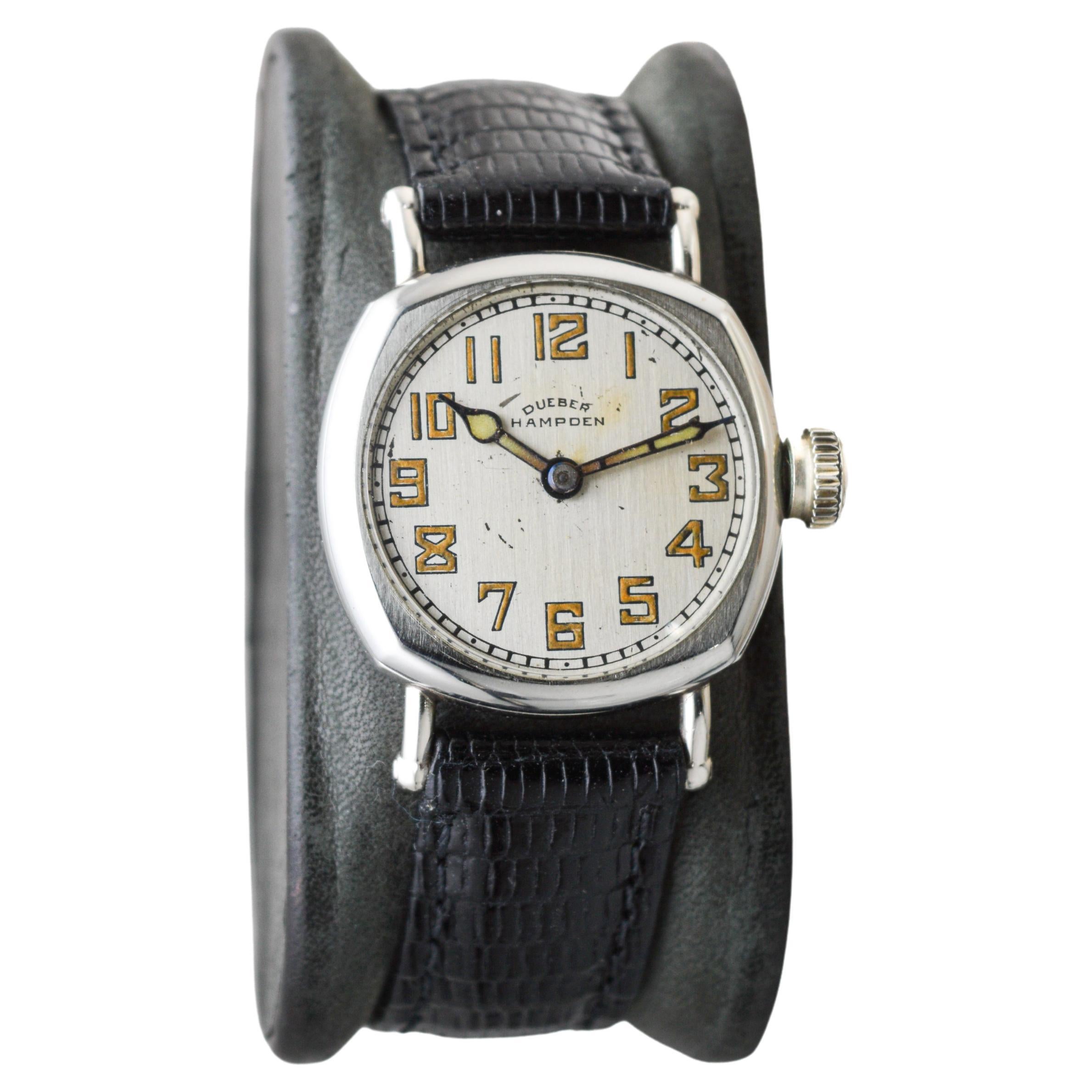 Art Deco Dueber Hampden Nickel Silver Watch with Original Dial & Hands & Strap circa 1920 For Sale