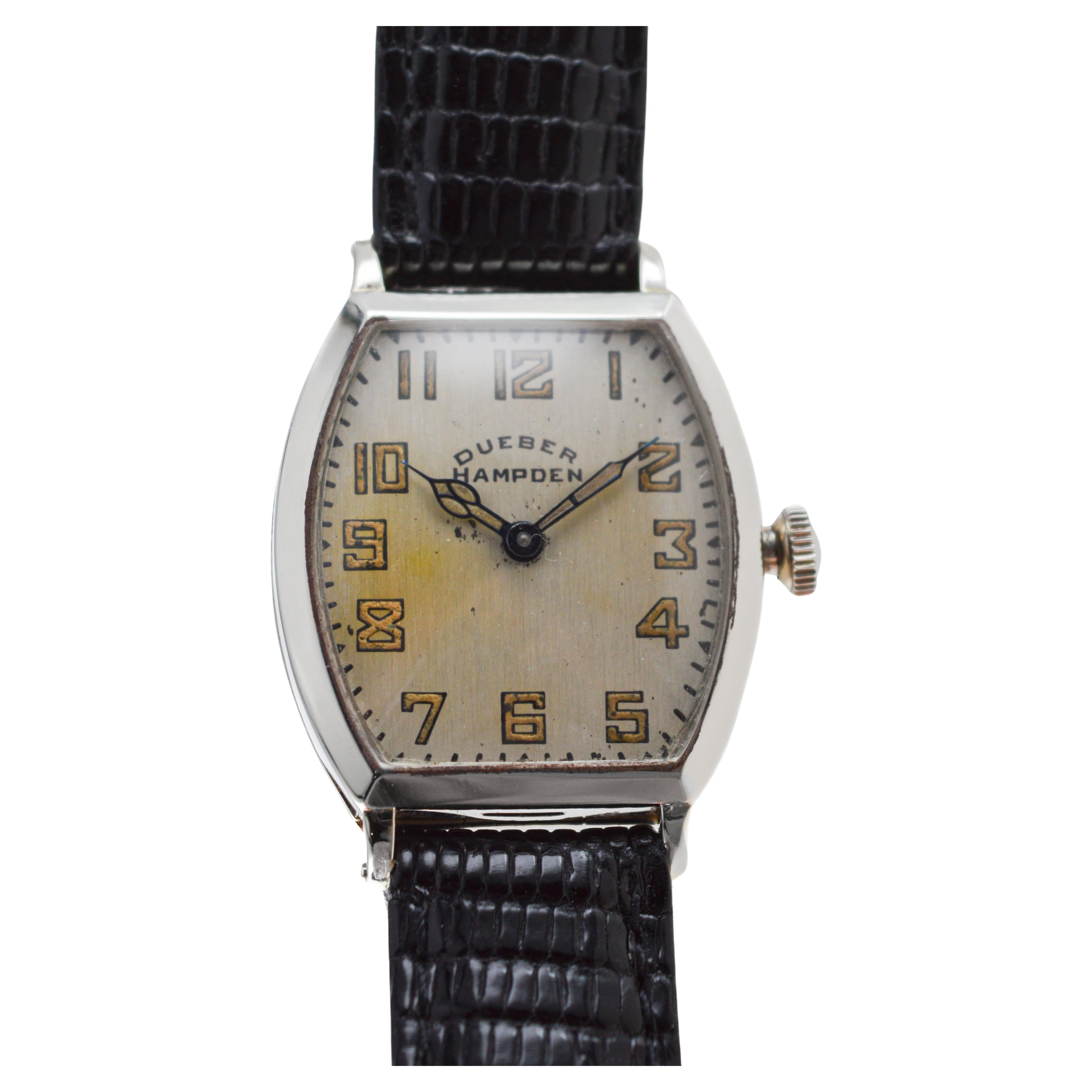 Dueber Hampden White Gold Filled Art Deco Tonneau Shaped Original Dial From 1920 In Excellent Condition For Sale In Long Beach, CA