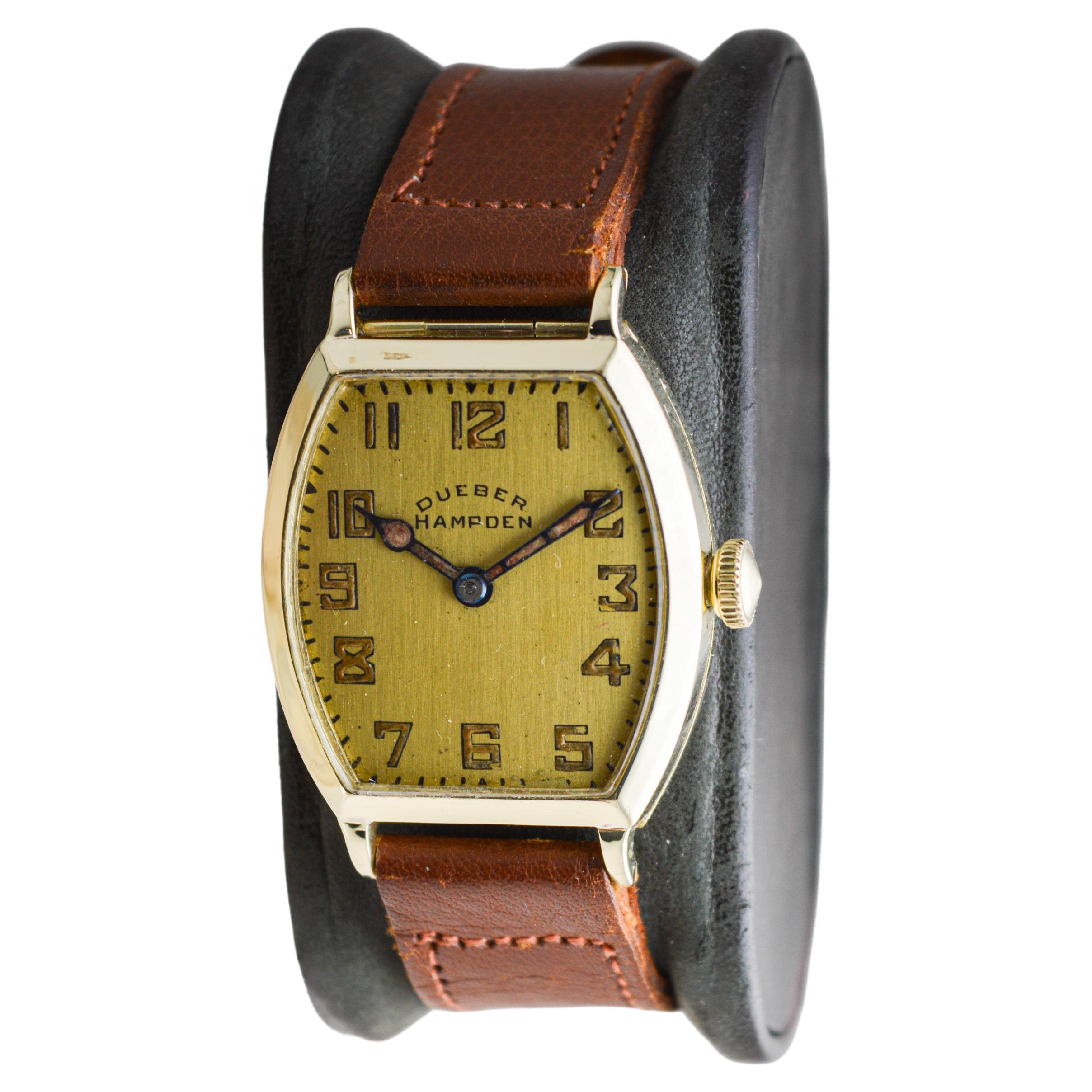 Women's or Men's Dueber Hampden Yellow Gold Filled Art Deco Tonneau Shaped Watch circa, 1919 For Sale