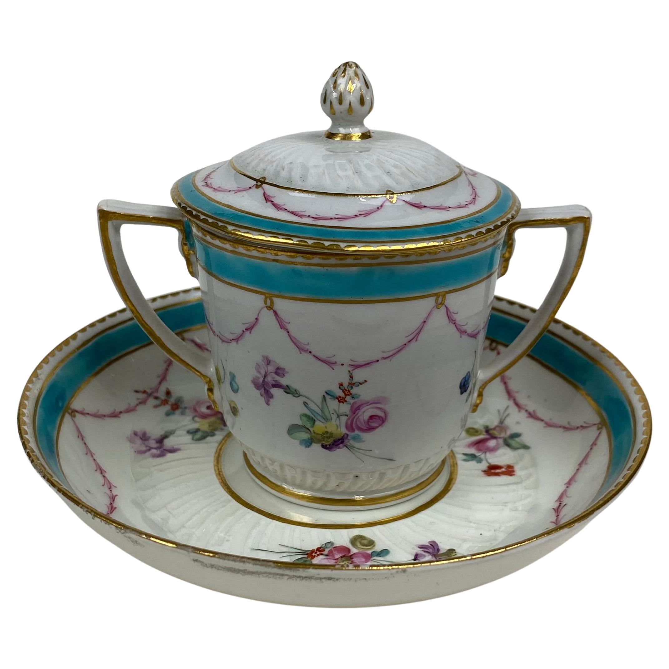Tazza di cioccolato Duesbury Derby, coperchio e supporto in vendita