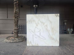 "Marble Slab Cowboy" modern square sculpture white stone and wood carved face