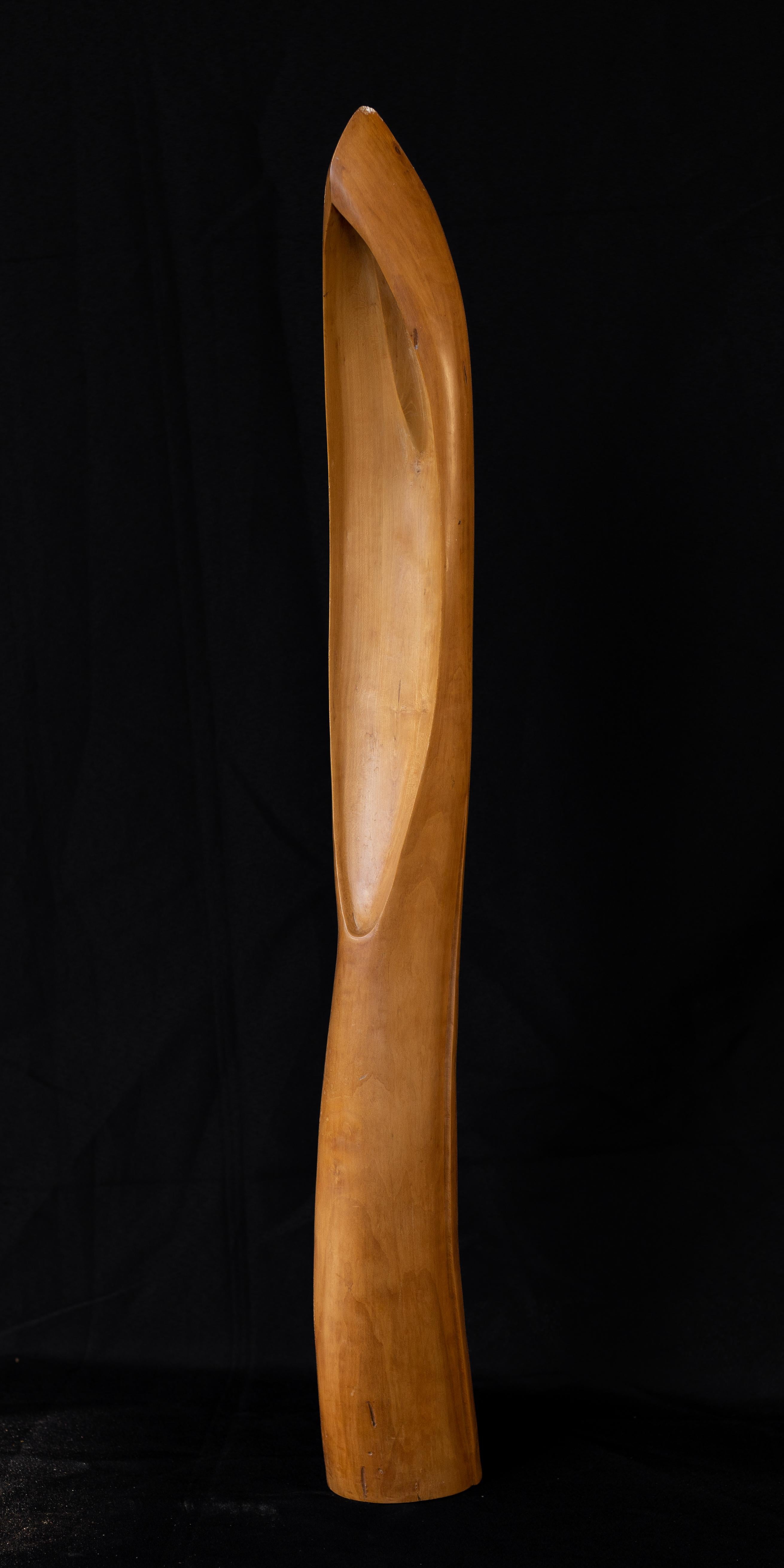 Wooden abstract sculpture by Texas artist Duff Browne measuring 30.5 inches tall and 3 inches wide.