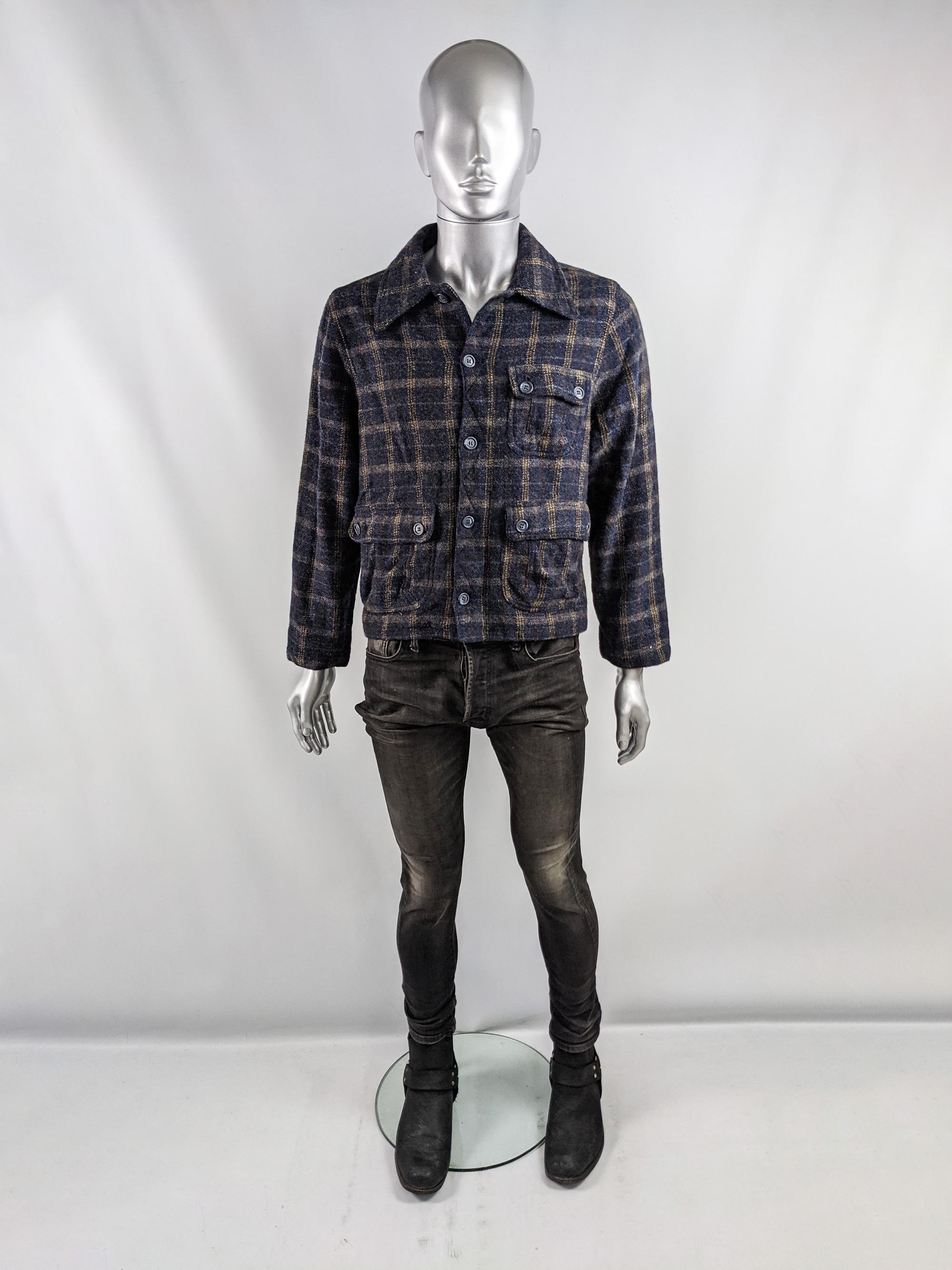 An excellent original vintage mens blouson jacket from the 80s by iconic British label, Duffer of St George (the original label not the cheap collaborations). In a lightweight blue wool with a plaid check throughout with flap patch pockets that