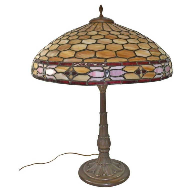 Duffner and Kimberly Leaded Stained Glass and Bamboo Table Lamp For
