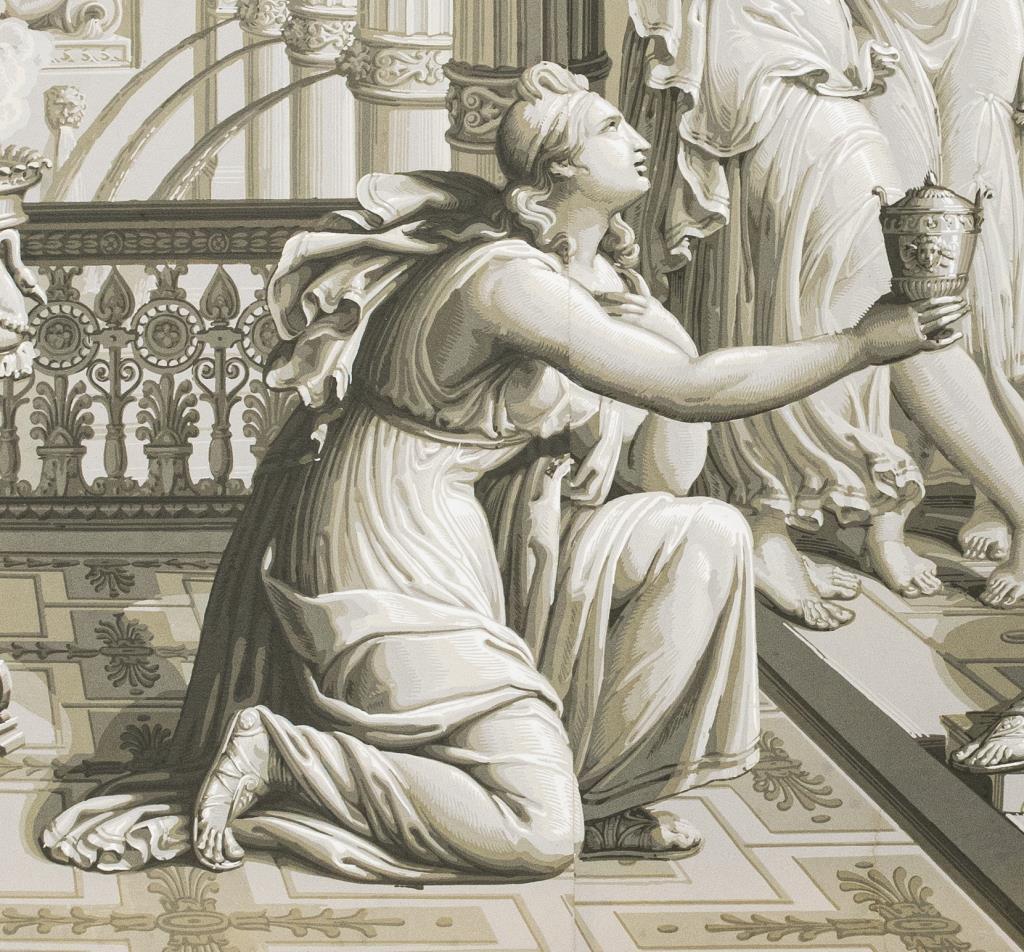 Dufour after Merry-Joseph Blondel, French Neoclassical Empire scene from the 'Psyche' wallpaper series depicting lengths 18 to 20: 'Psyche Bringing Venus a Jug of Water from the Fountain of Youth', printed in grisaille.