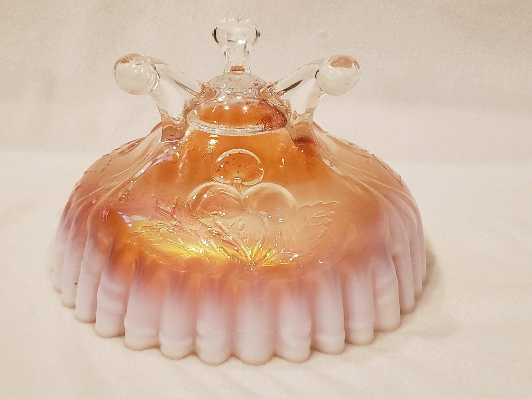 Art Glass Dugan Pie Crust Peach Opal Cherries Bowl For Sale