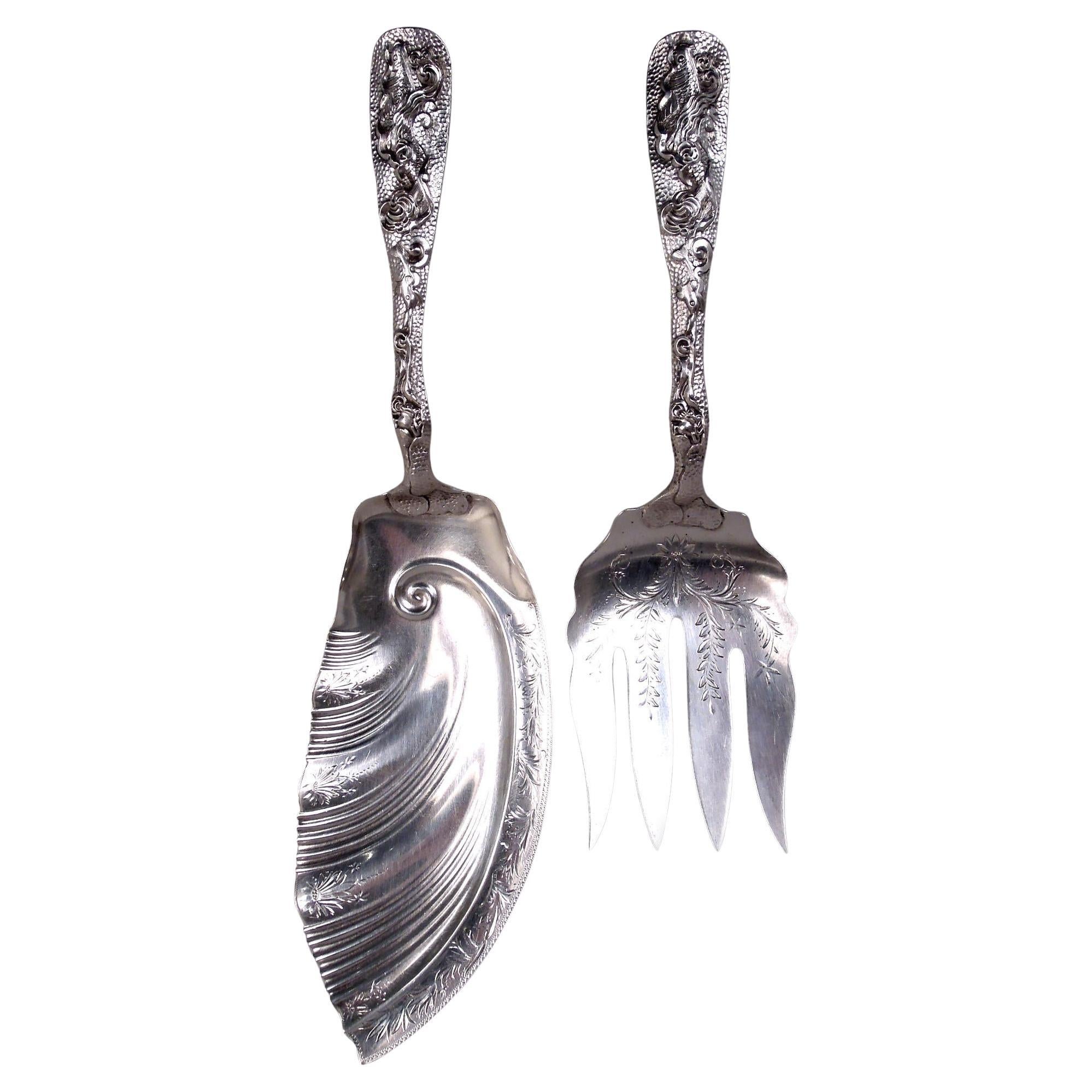 Duhme American Japonesque Sterling Silver Fish Serving Fork & Slice For Sale