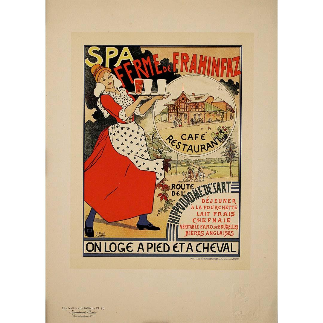 This original lithograph by Duick & Crespin, published in 1896 as Plate 28 in Les Maîtres de l’Affiche, advertises the Ferme de Frahinfaz near Spa, Belgium, and the nearby Hippodrome de Sart. The poster depicts a smiling waitress in traditional