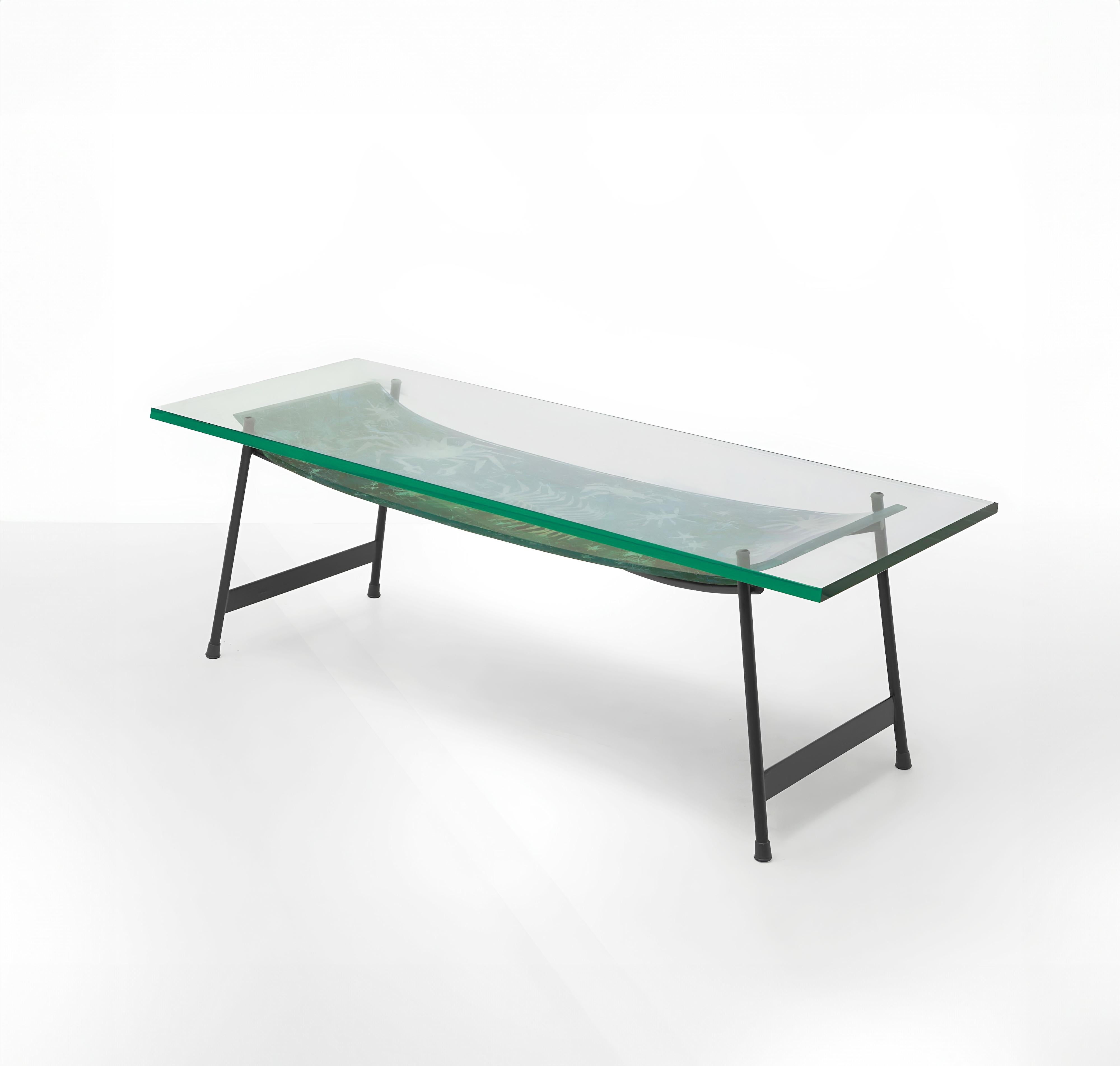 Mid-Century Modern Duilio Barnabé Dubé Table basse en verre rétro-peint Bleu Vert Fontana Arte en vente