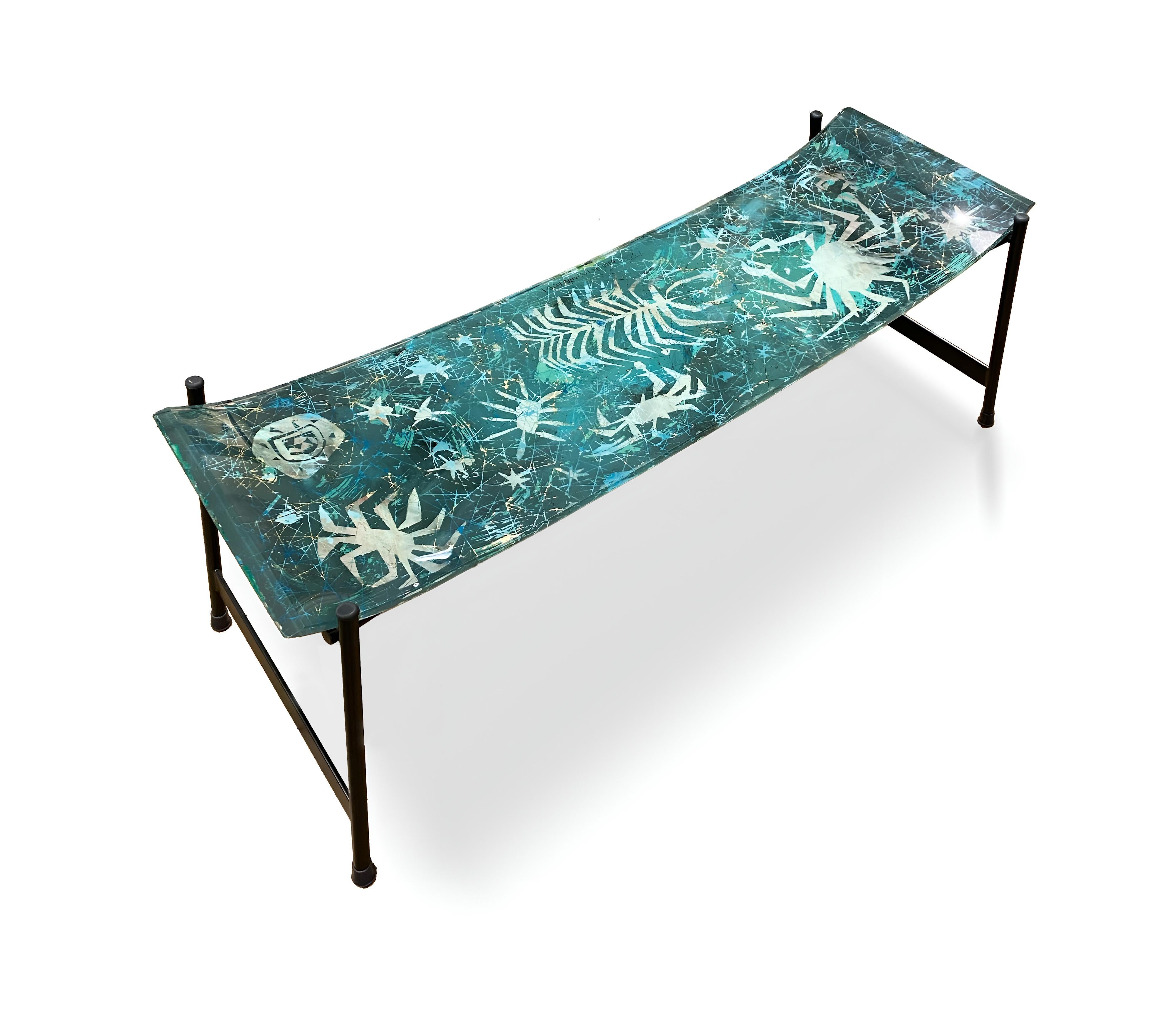 italien Duilio Barnabé Dubé Table basse en verre rétro-peint Bleu Vert Fontana Arte en vente