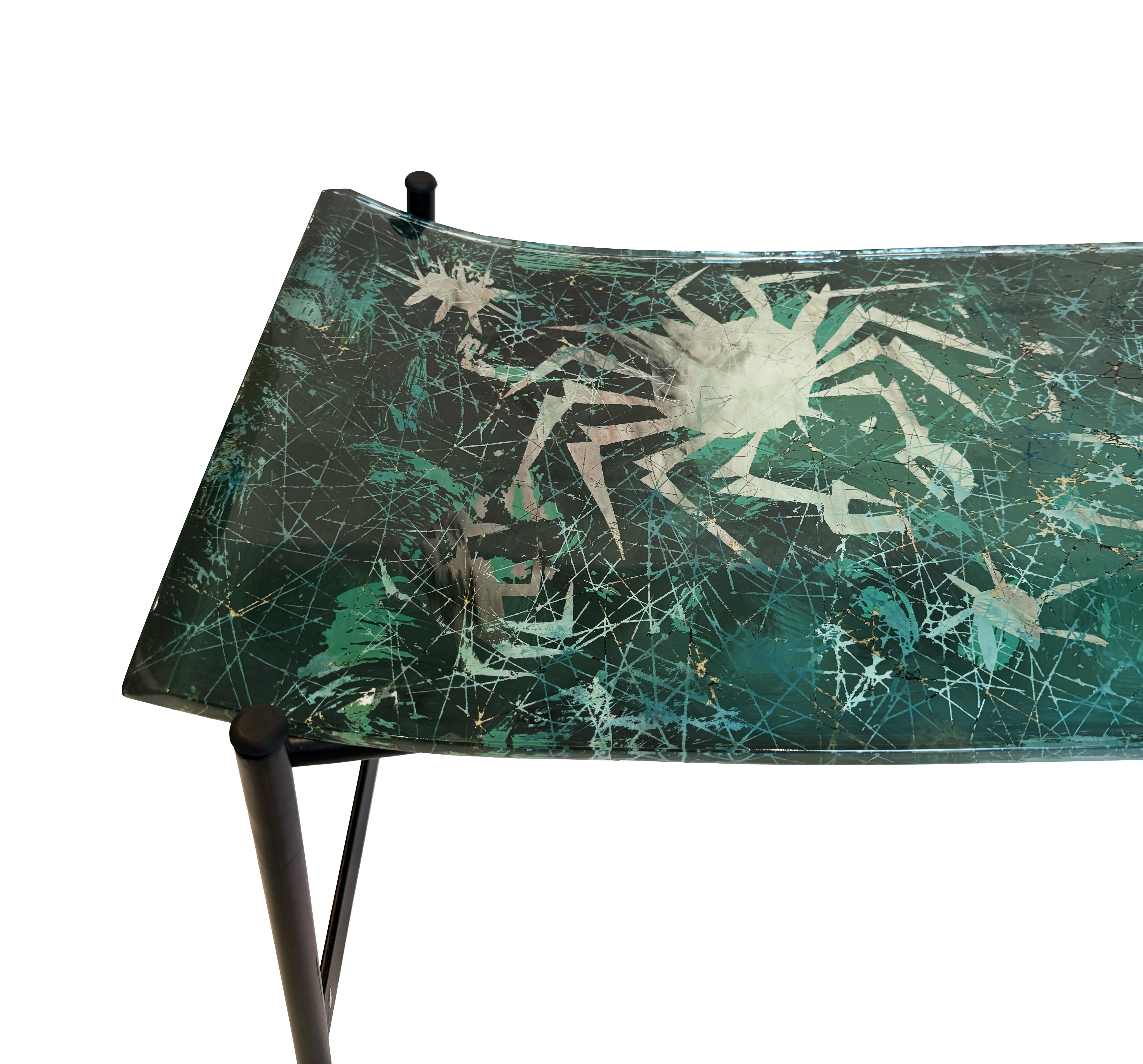 Milieu du XXe siècle Duilio Barnabé Dubé Table basse en verre rétro-peint Bleu Vert Fontana Arte en vente