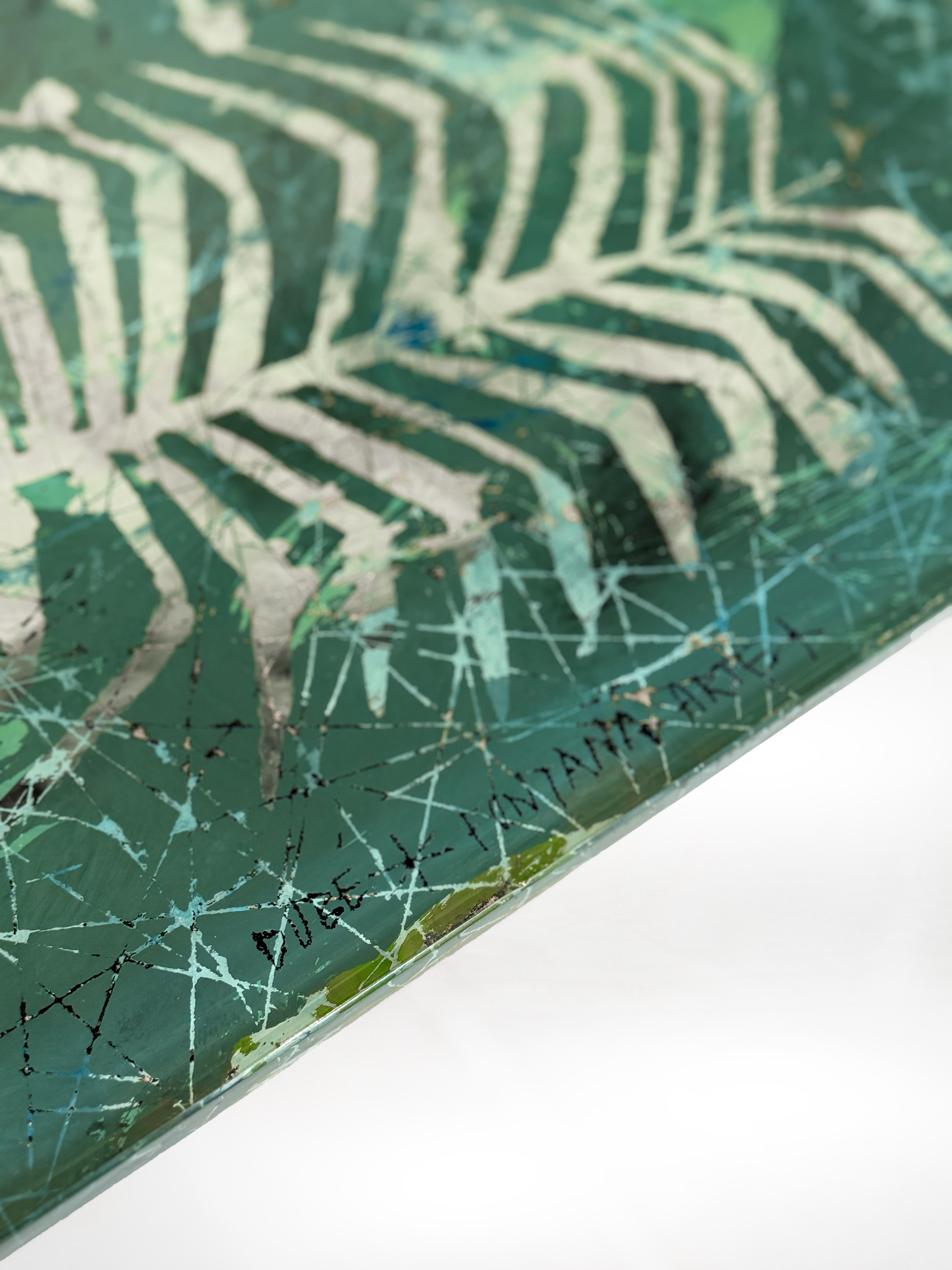 Métal Duilio Barnabé Dubé Table basse en verre rétro-peint Bleu Vert Fontana Arte en vente