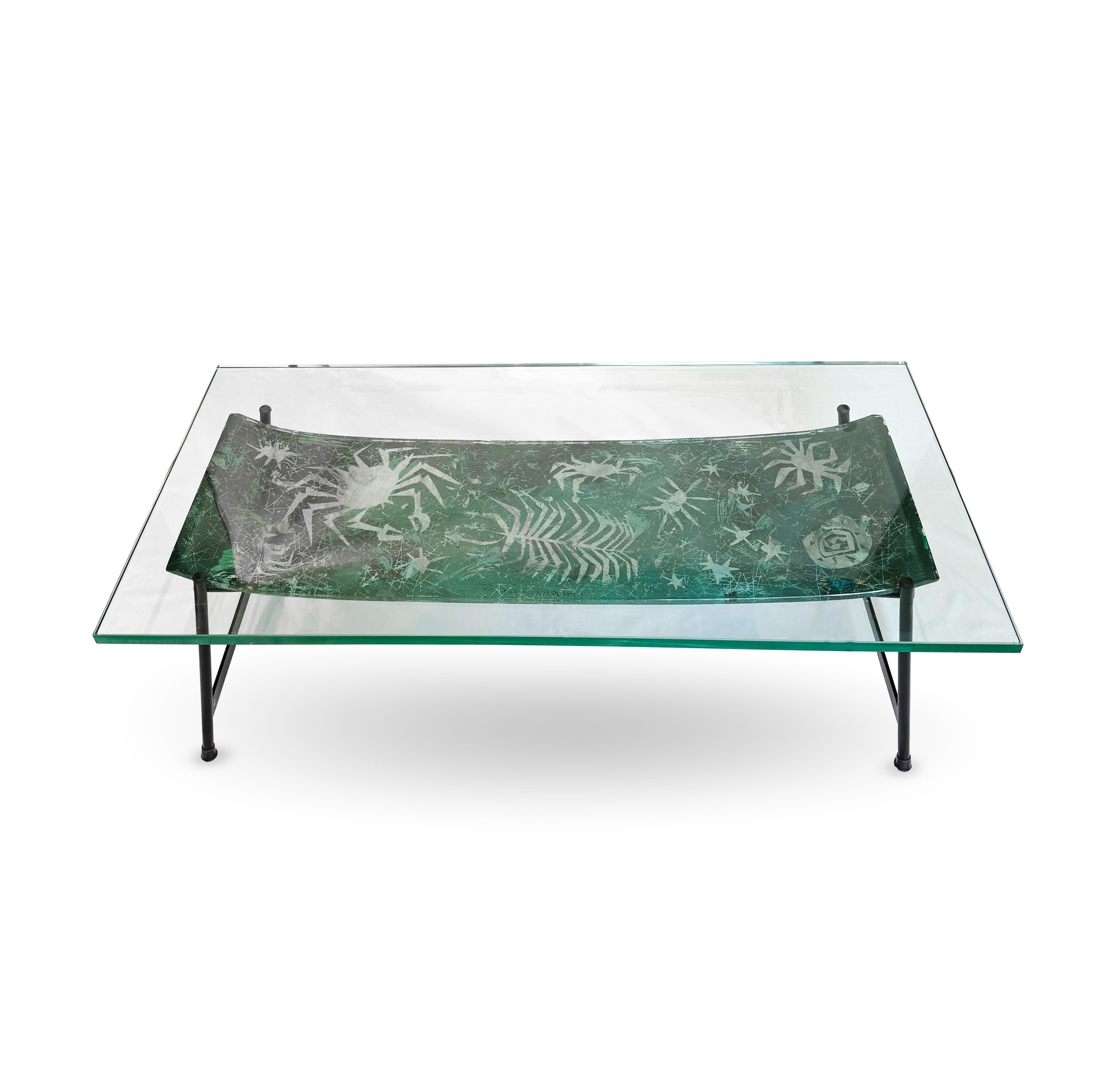 Duilio Barnabé Dubé Table basse en verre rétro-peint Bleu Vert Fontana Arte en vente 1
