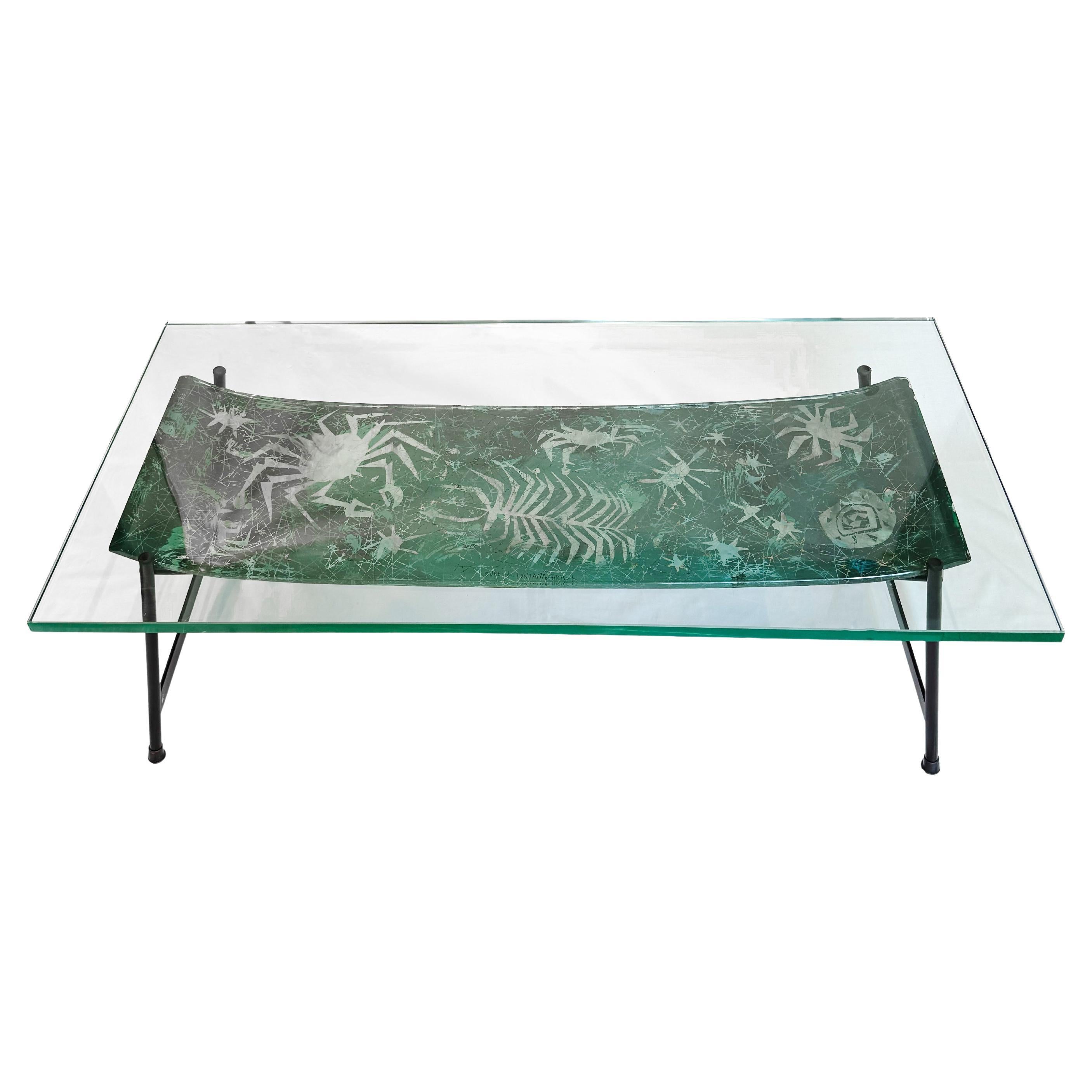 Duilio Barnabé Dubé Table basse en verre rétro-peint Bleu Vert Fontana Arte en vente