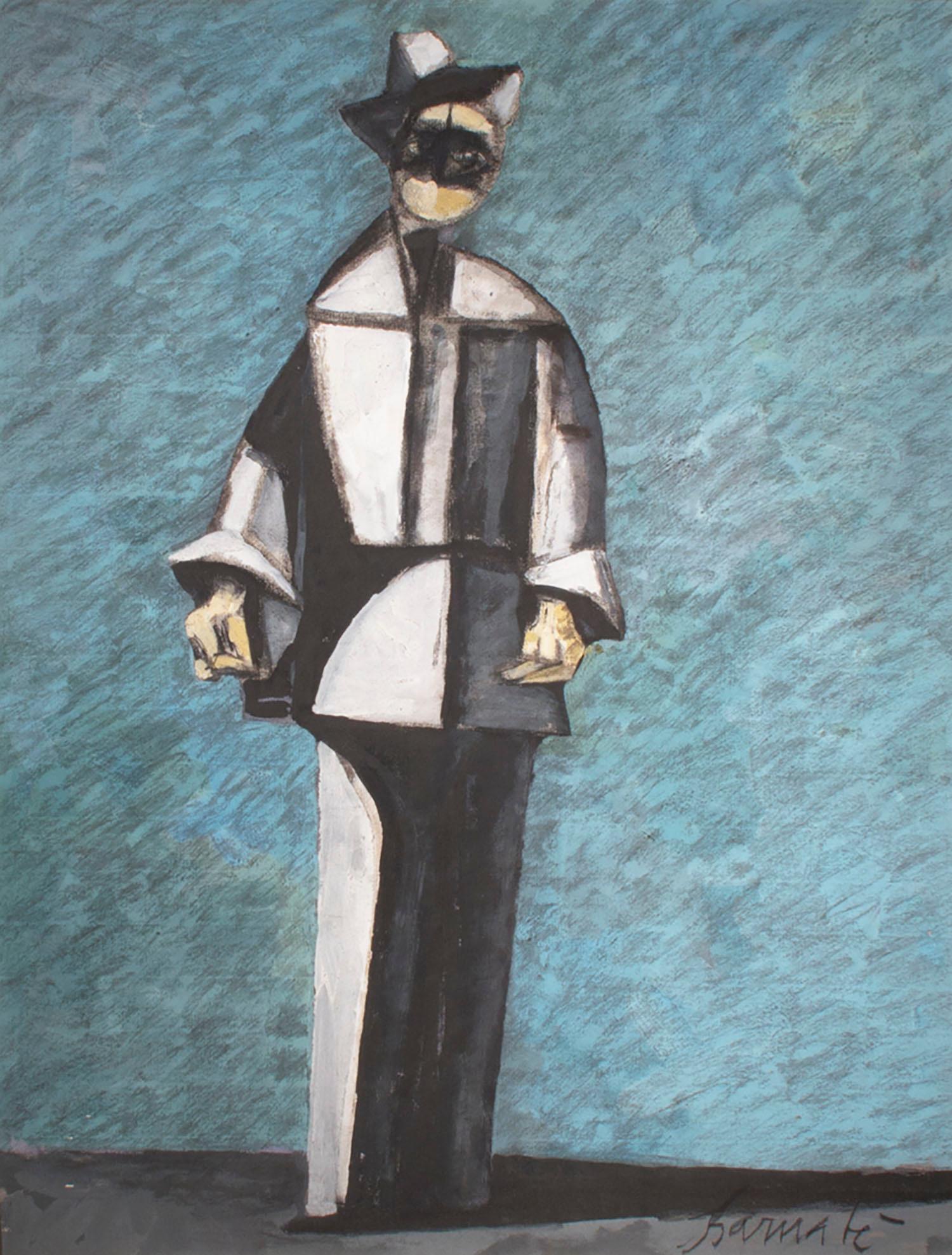 Figurative Painting Duilio Barnabé - Arlecchino en blu e grigio (Harlequin en bleu et gris)
