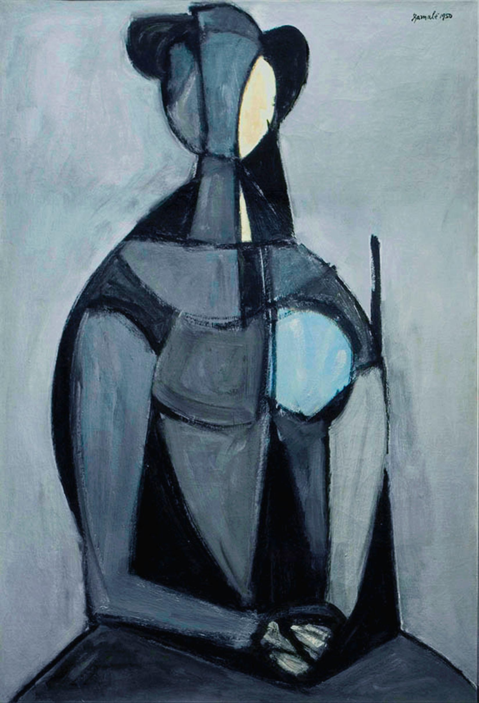 Figura sedente, fondo gris (Figura seduta, fondo grigio) - Figurative Painting Gris de Duilio Barnabé