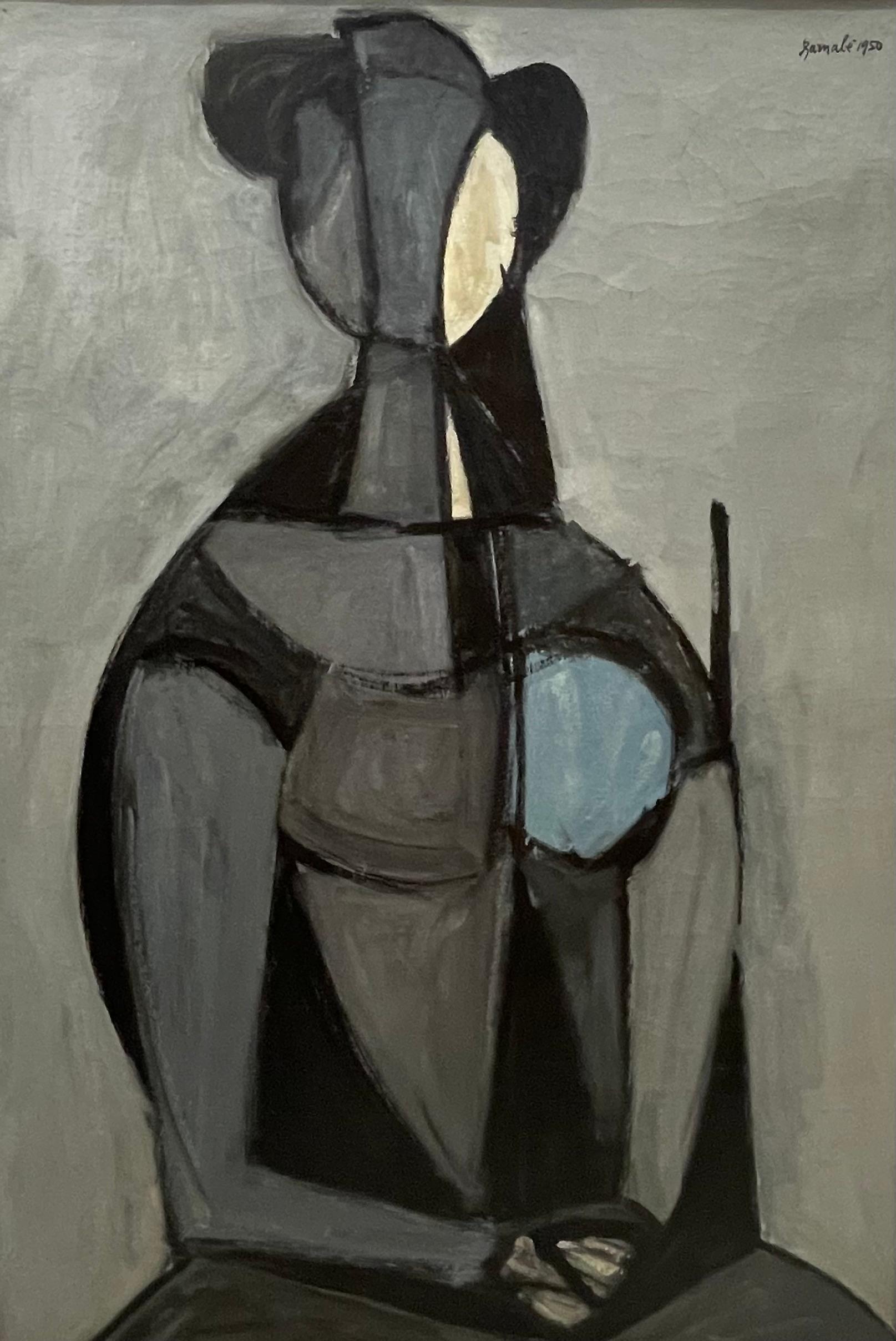 Duilio Barnabé Figurative Painting - Seated Figure, Grey Background (Figura seduta, fondo grigio)
