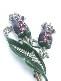 2 flower brooch, signed MAZER , enamel, pink rhinestone and many small, US 1940s