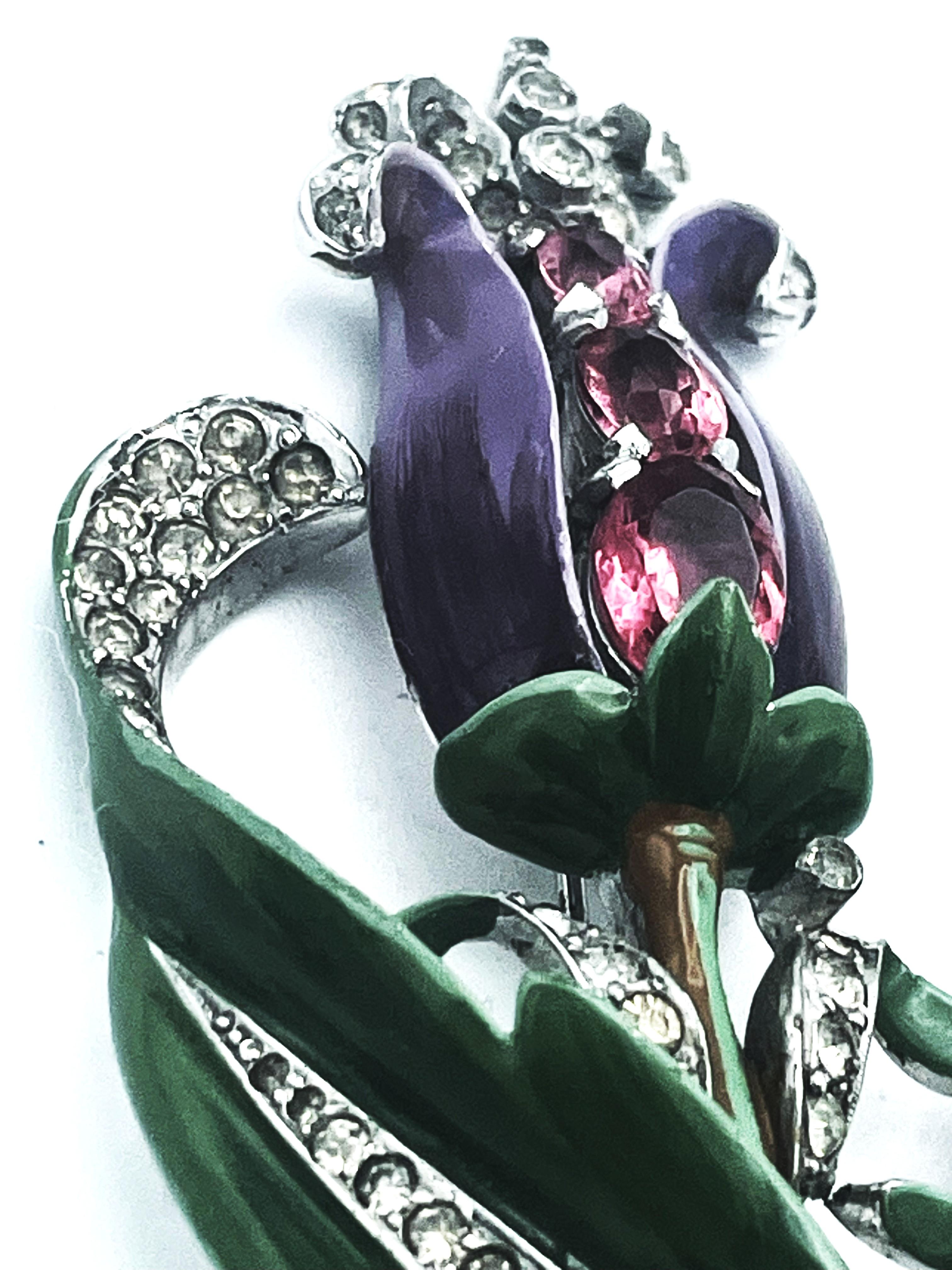 DuJay unsigned 2 Blumen Brosche, Emaille, rosa Strass und viele kleine, US 1940er im Zustand „Hervorragend“ im Angebot in Stuttgart, DE