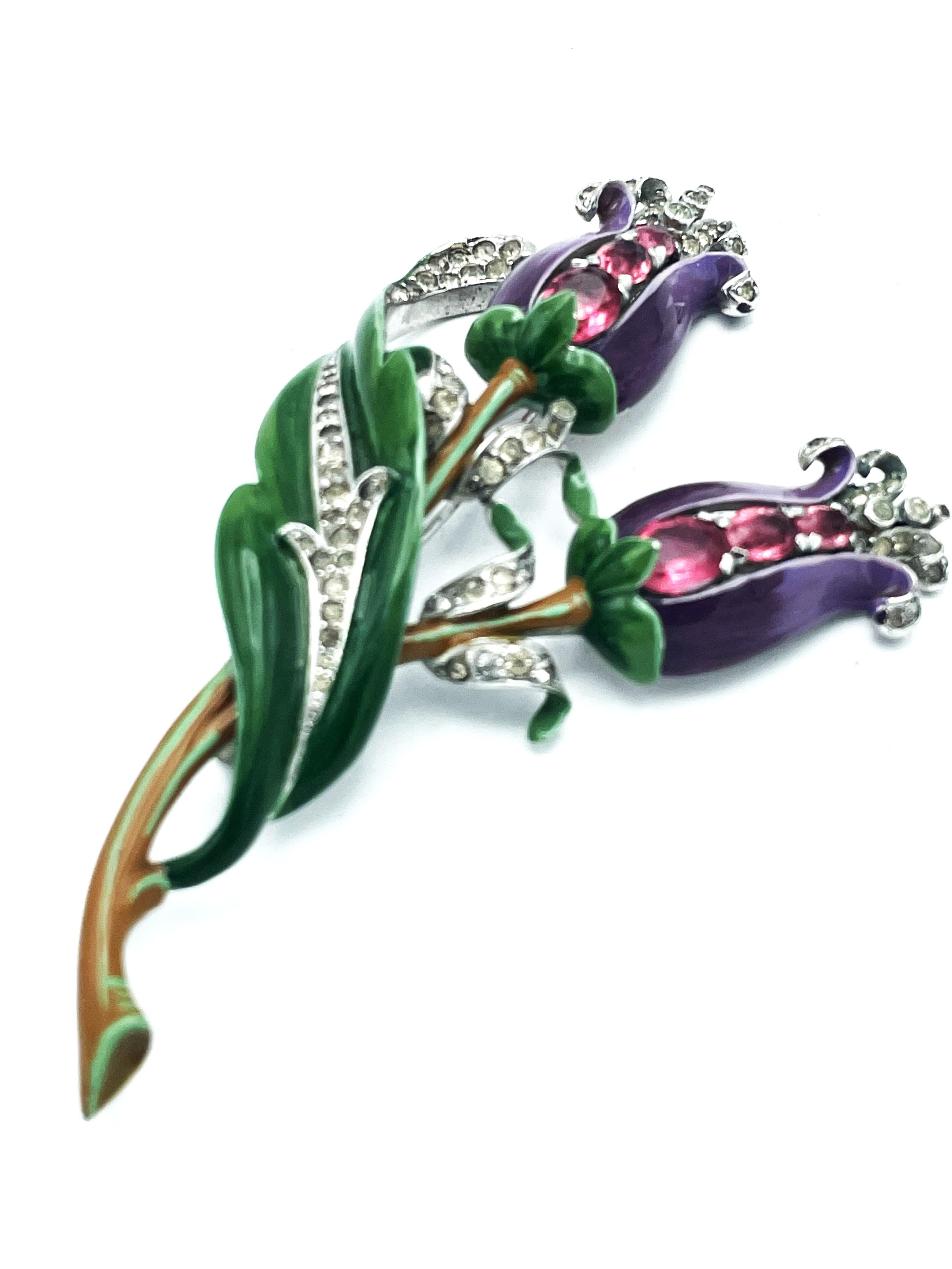 DuJay unsigned 2 Blumen Brosche, Emaille, rosa Strass und viele kleine, US 1940er Damen im Angebot