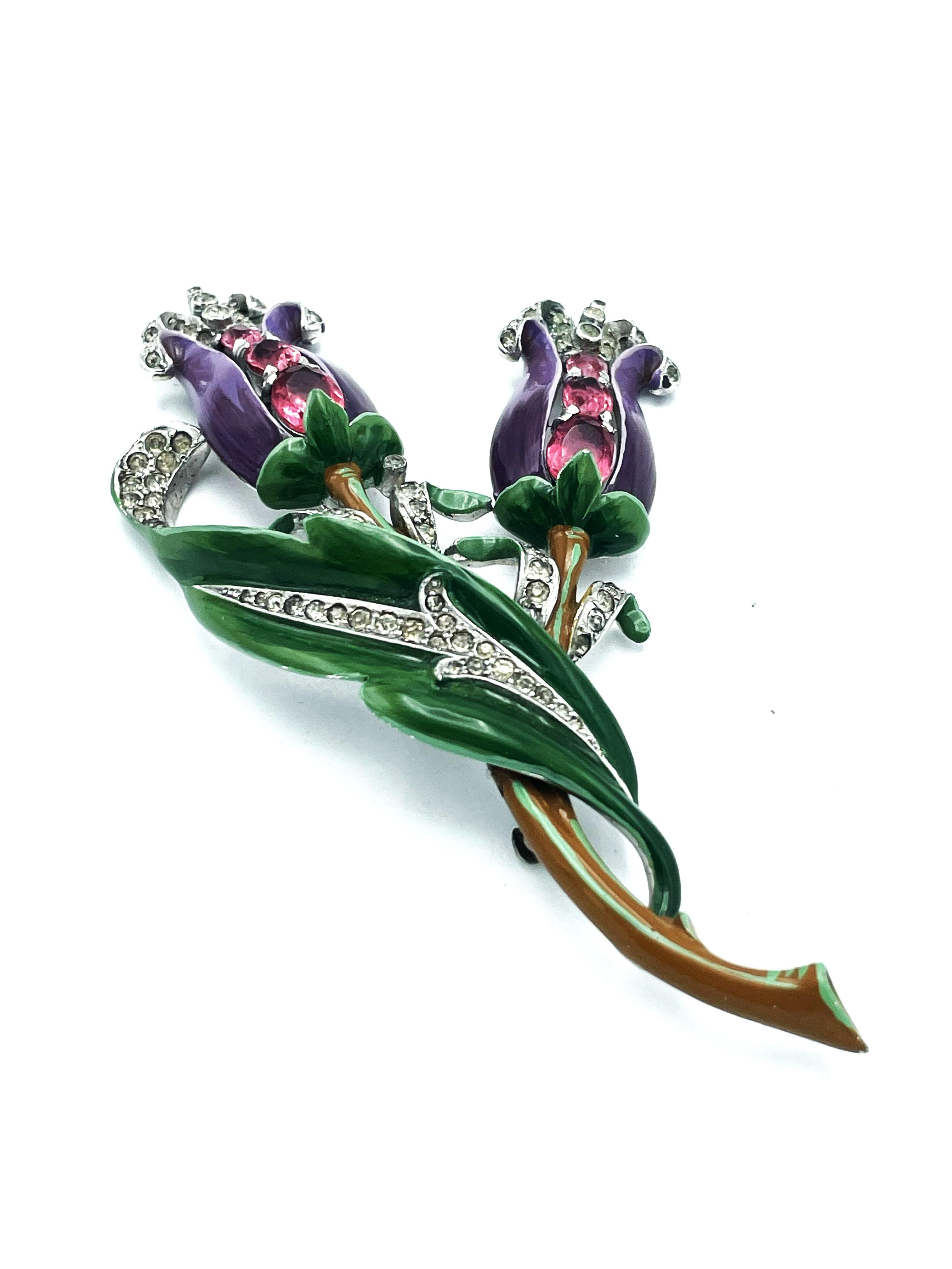 DuJay unsigned 2 Blumen Brosche, Emaille, rosa Strass und viele kleine, US 1940er im Angebot 1