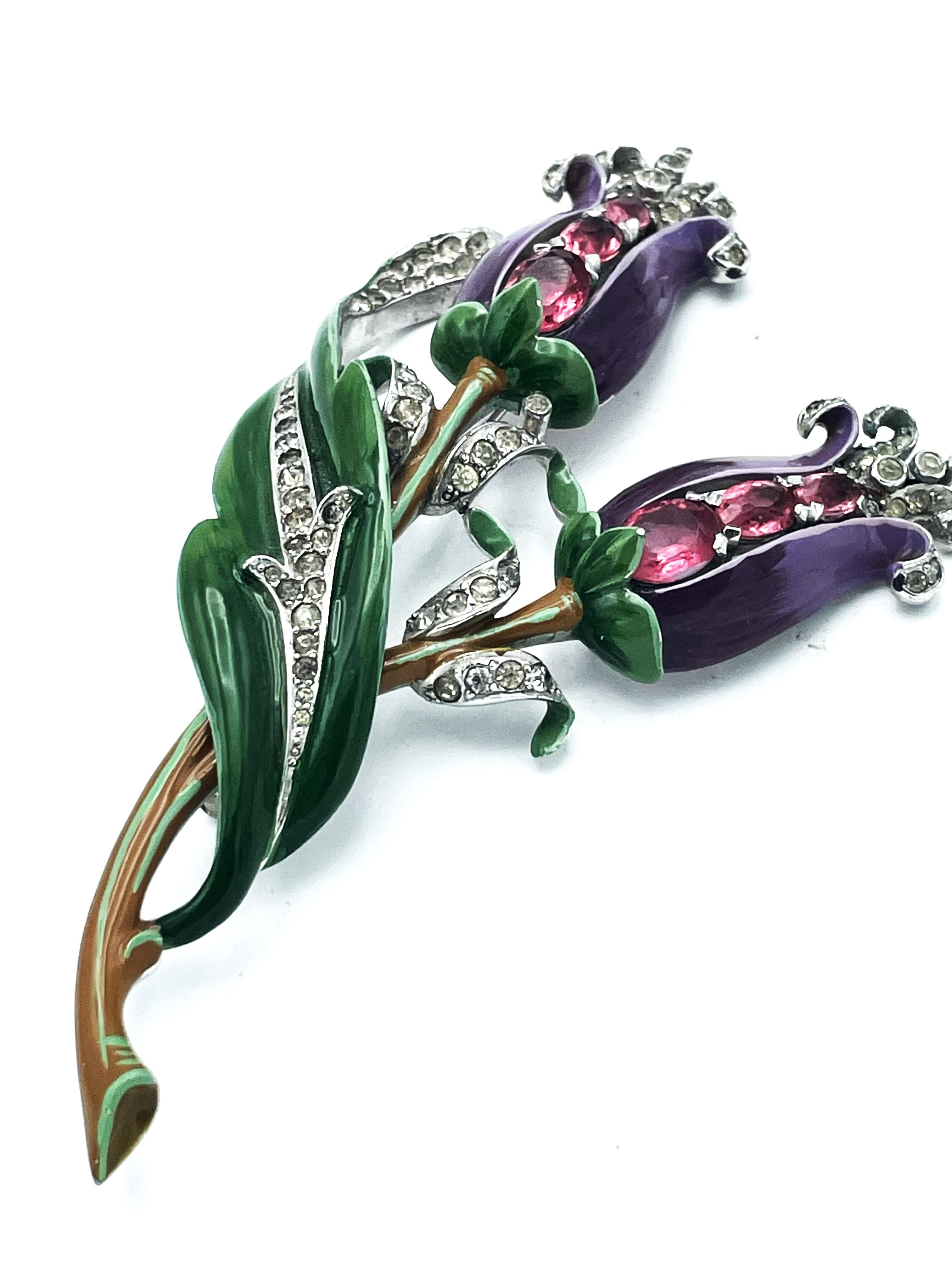 DuJay unsigned 2 Blumen Brosche, Emaille, rosa Strass und viele kleine, US 1940er im Angebot 3