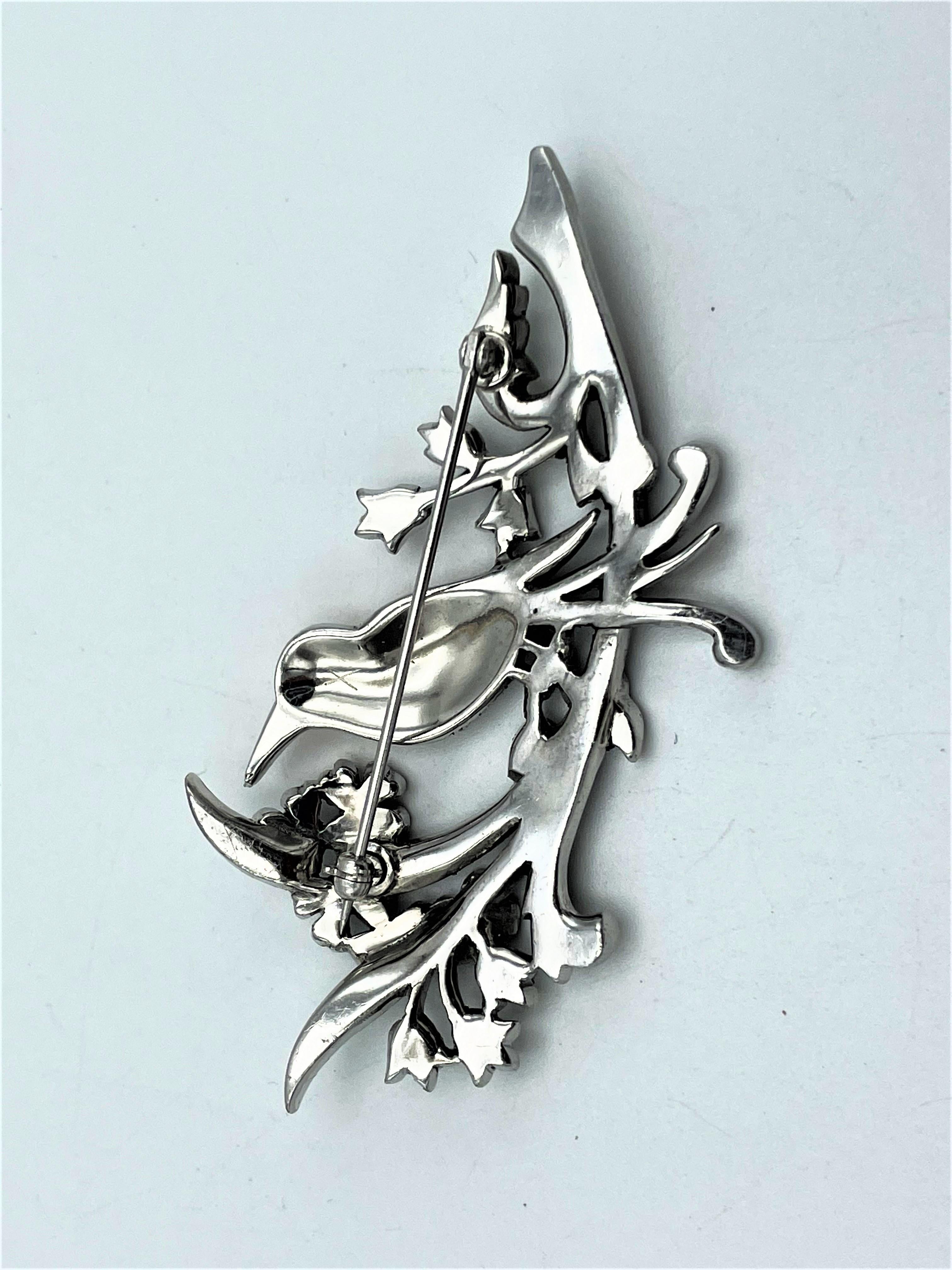 DUJAY unsigned metallic enamel brooch, bird on the branches, 1940s USA  3