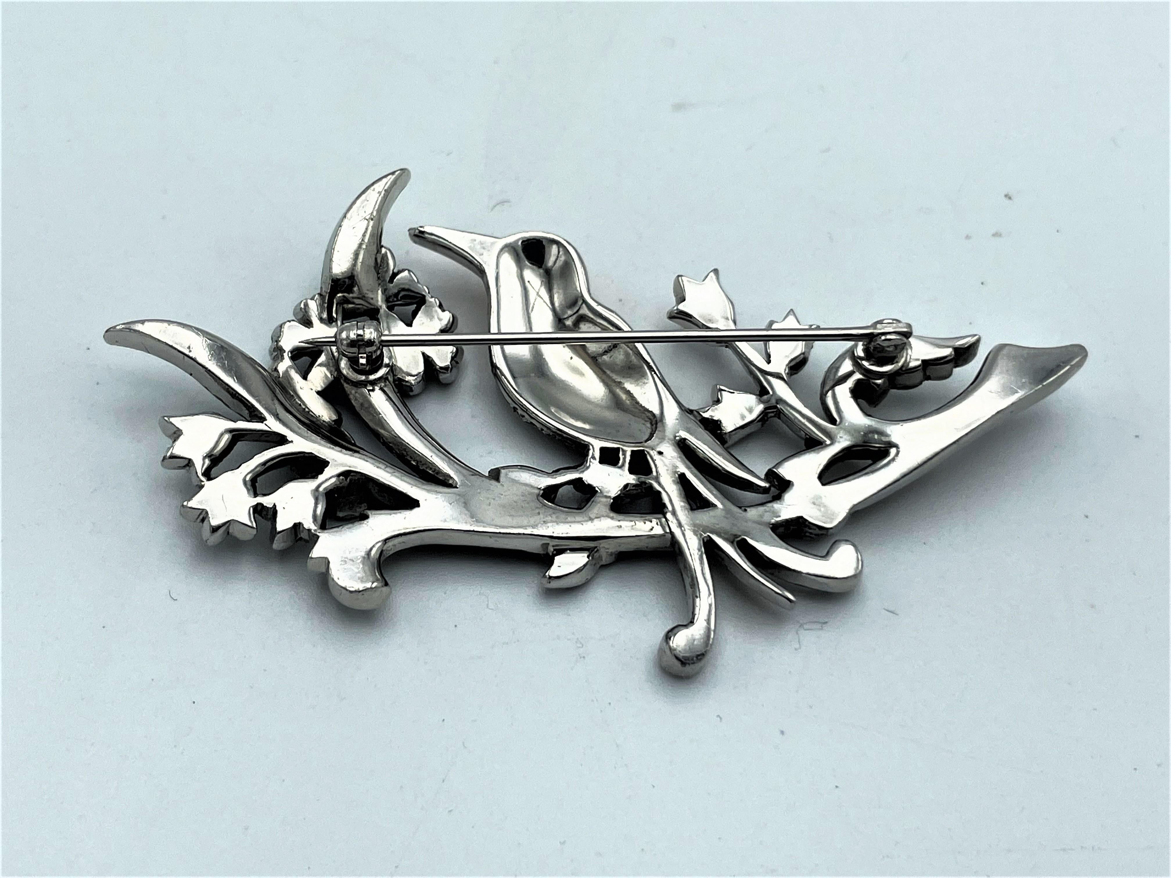 DUJAY unsigned metallic enamel brooch, bird on the branches, 1940s USA  4