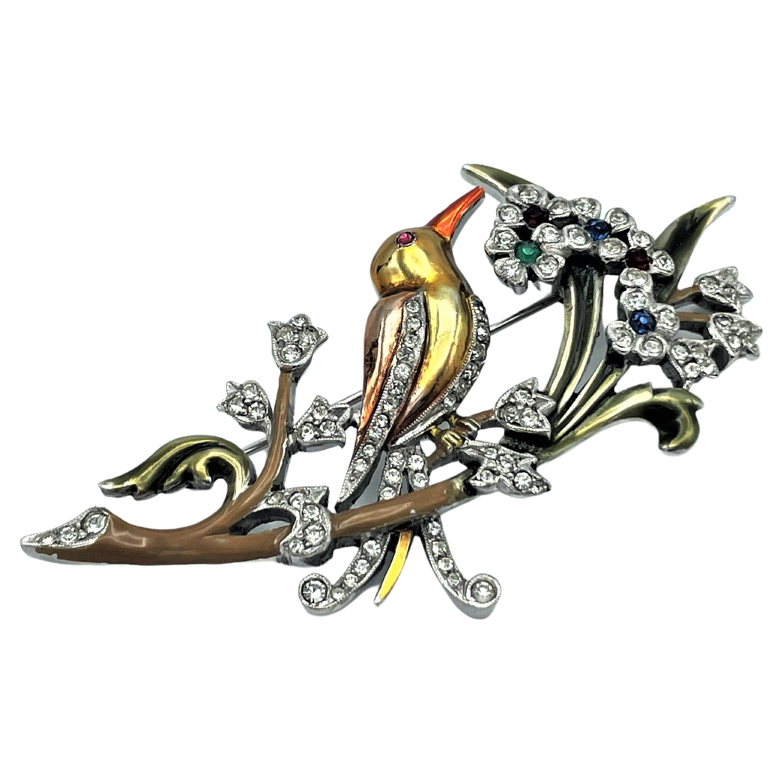 About
A very rare DUJAY brooch, a bird on the branches with flower, rhinestones and enamel 
Measurement: 
With:   2,76 inches ( 7 cm )
Hight:  1,46 inches ( 3,7 cm)
Features:
- Material: Rhodium, hand setting small rhinestones
- unsigned DUJAY
-