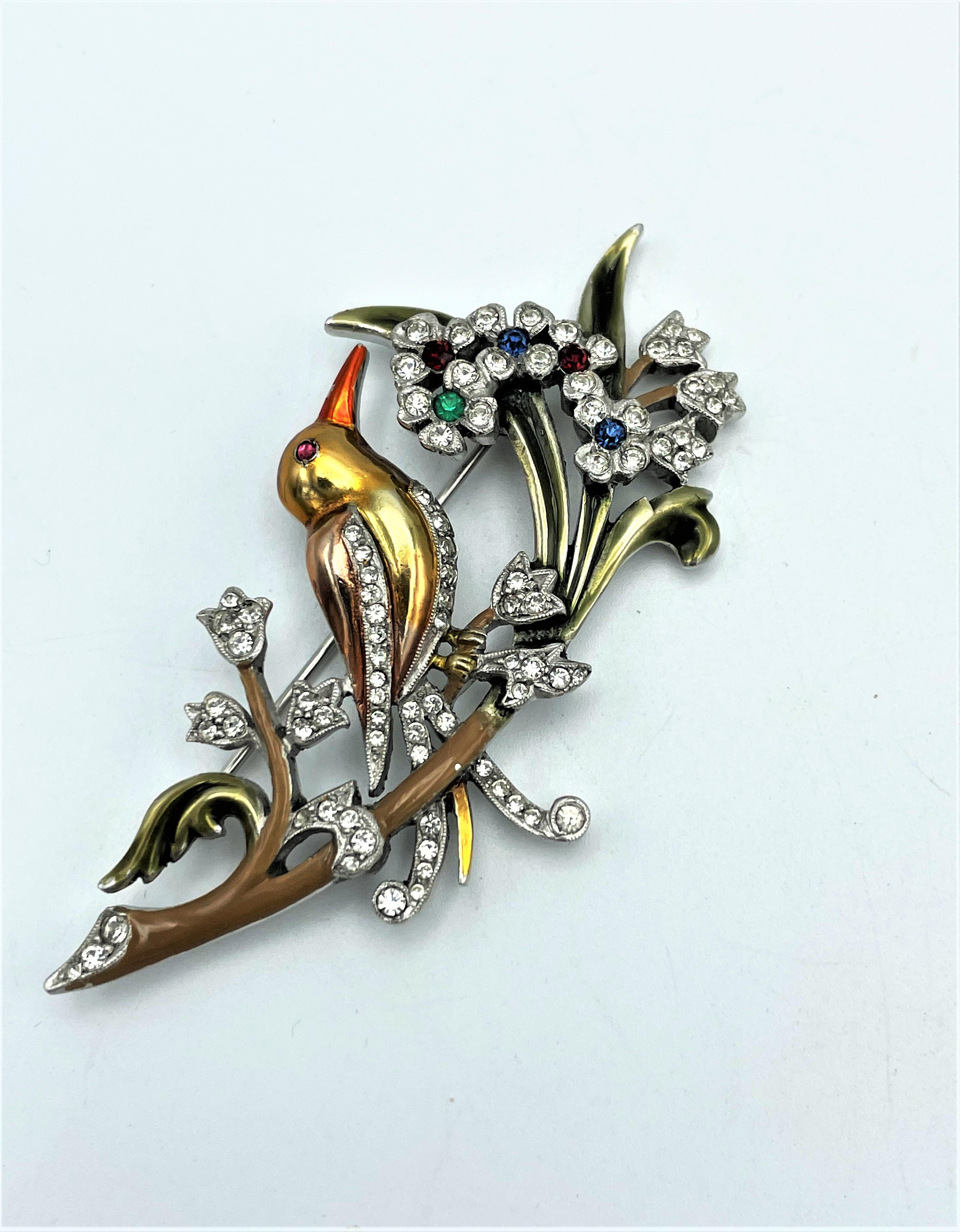DUJAY unsigned metallic enamel brooch, bird on the branches, 1940s USA  1