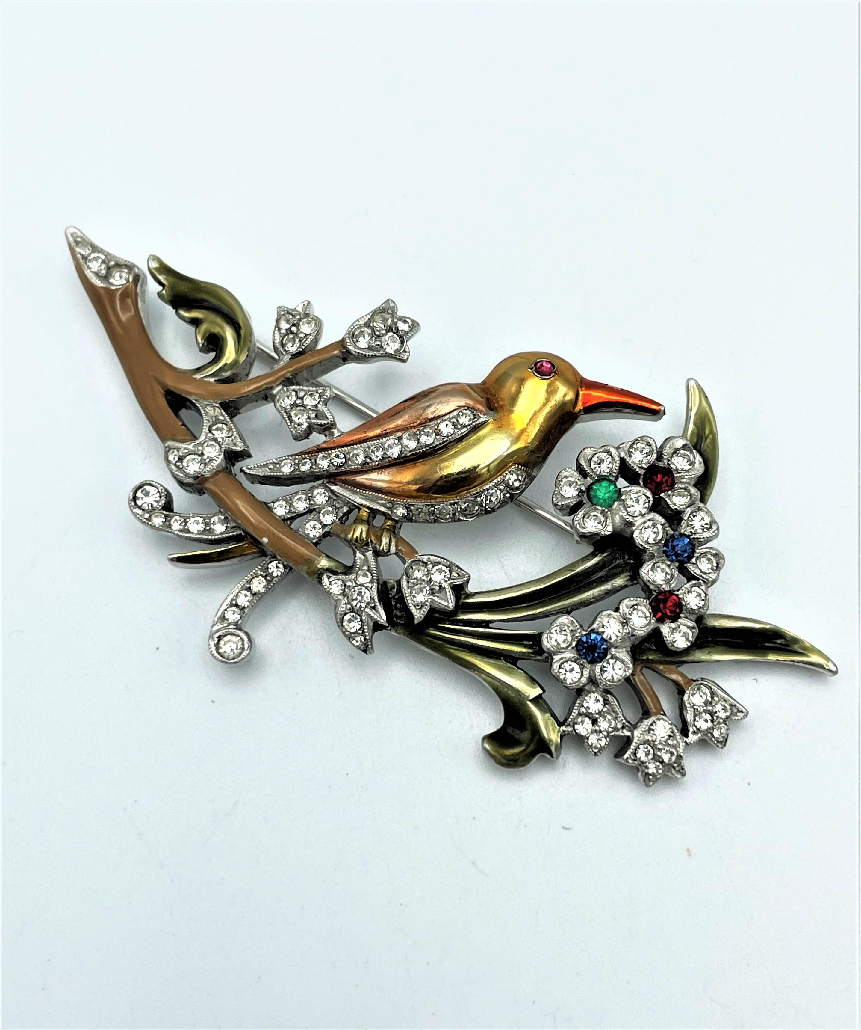 DUJAY unsigned metallic enamel brooch, bird on the branches, 1940s USA  2