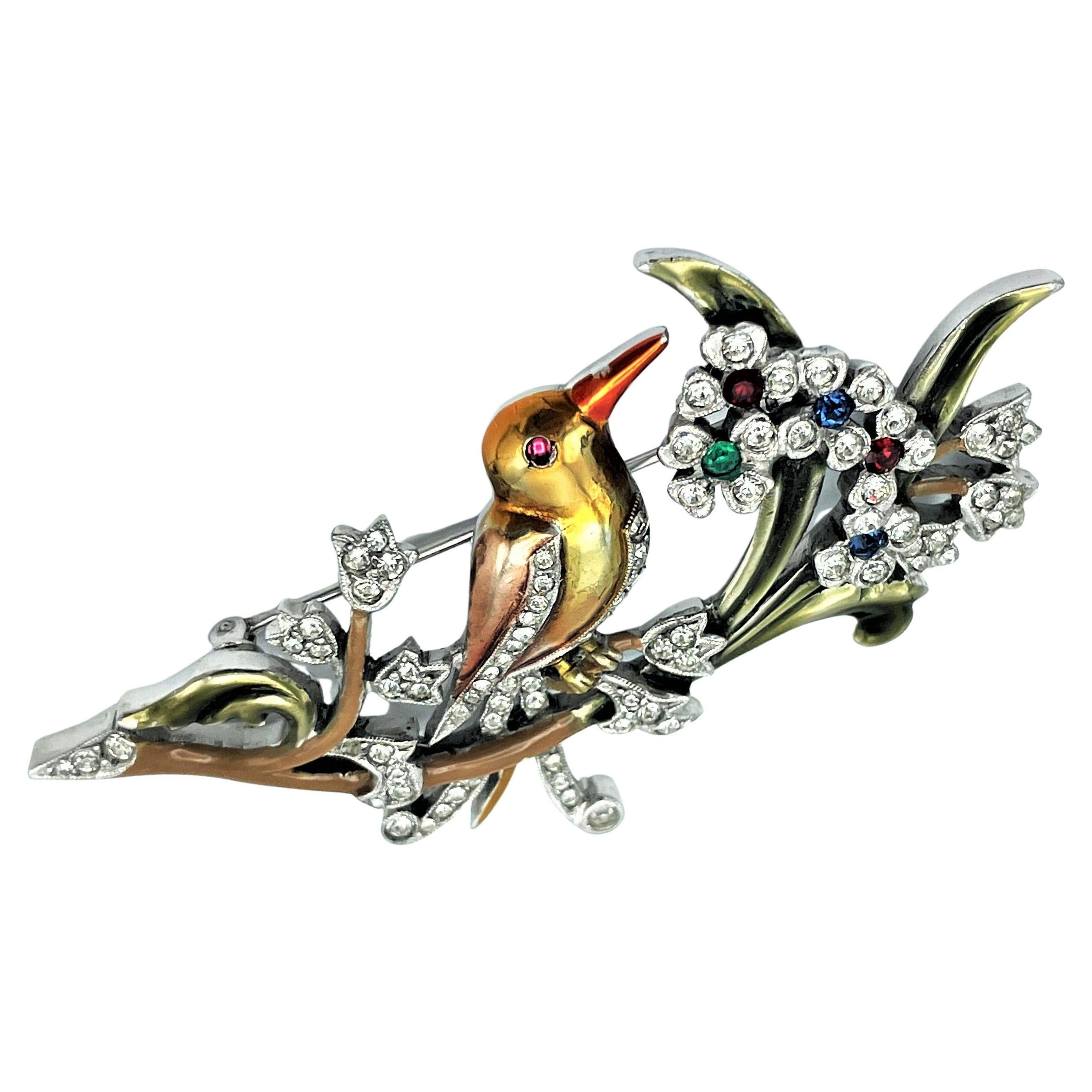 DUJAY unsigned metallic enamel brooch, bird on the branches, 1940s USA 