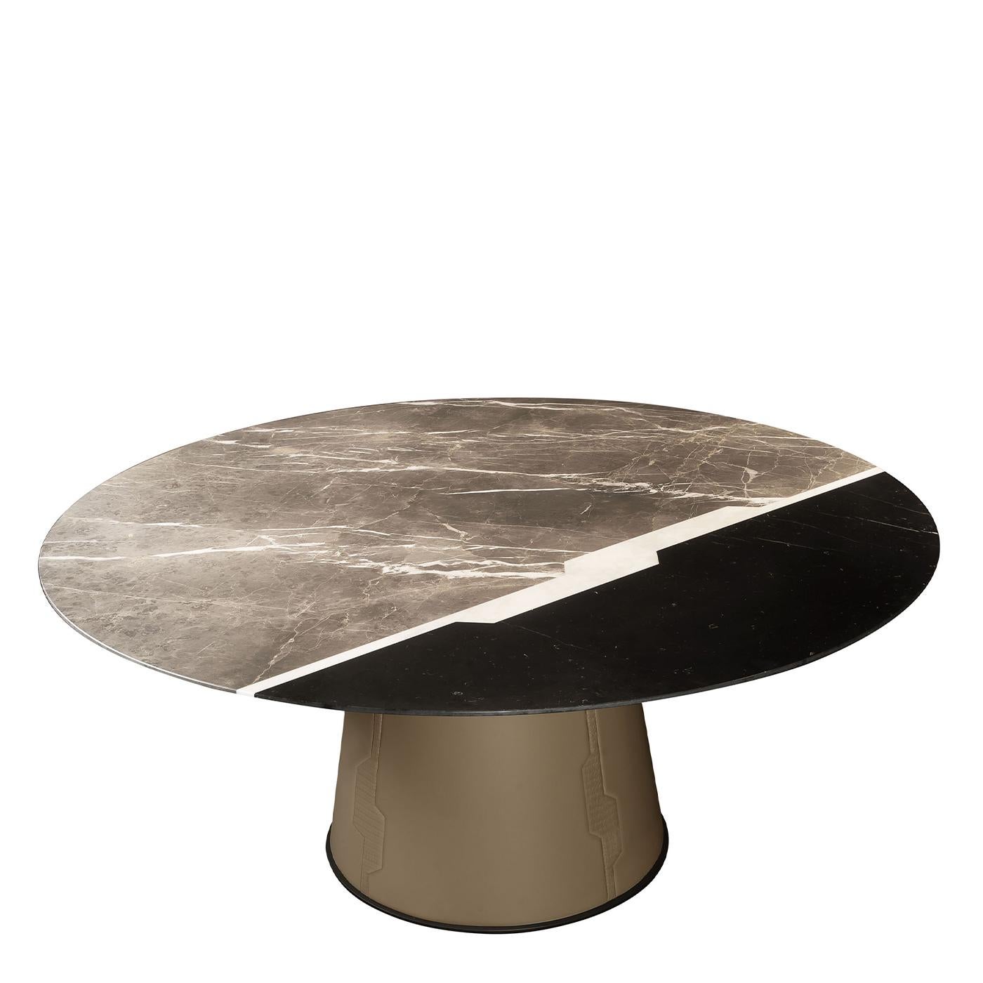 A celebration of the essential elegance of marble, this magnificent dining table is a superlative statement piece to complete a refined contemporary interior. Resting on a cone-shaped base made of poplar plywood and covered with smooth and printed