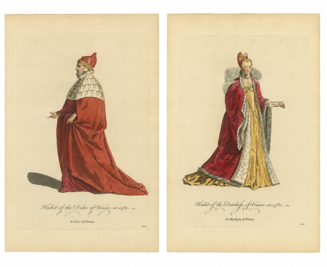 Herzog und Herzogin von Venedig Kostümstiche von 1581, handkoloriertes Paar, 1749