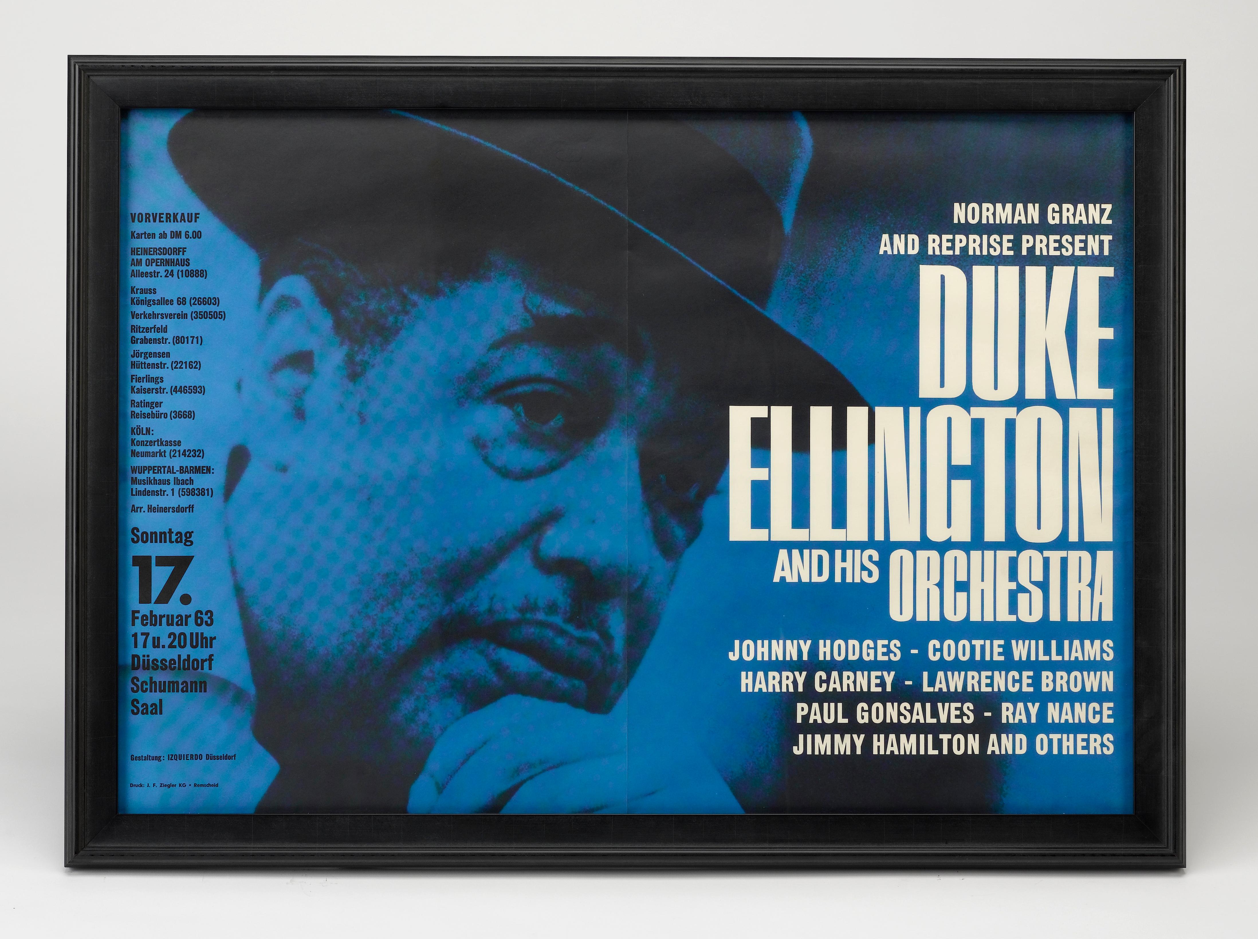 This is a 1963 jazz music event poster for a concert for Duke Ellington and His Orchestra in Dusseldorf, Germany on February 17, 1963.

Duke Ellington (1899-1974) was an American composer, pianist, and bandleader of a jazz orchestra, which he led