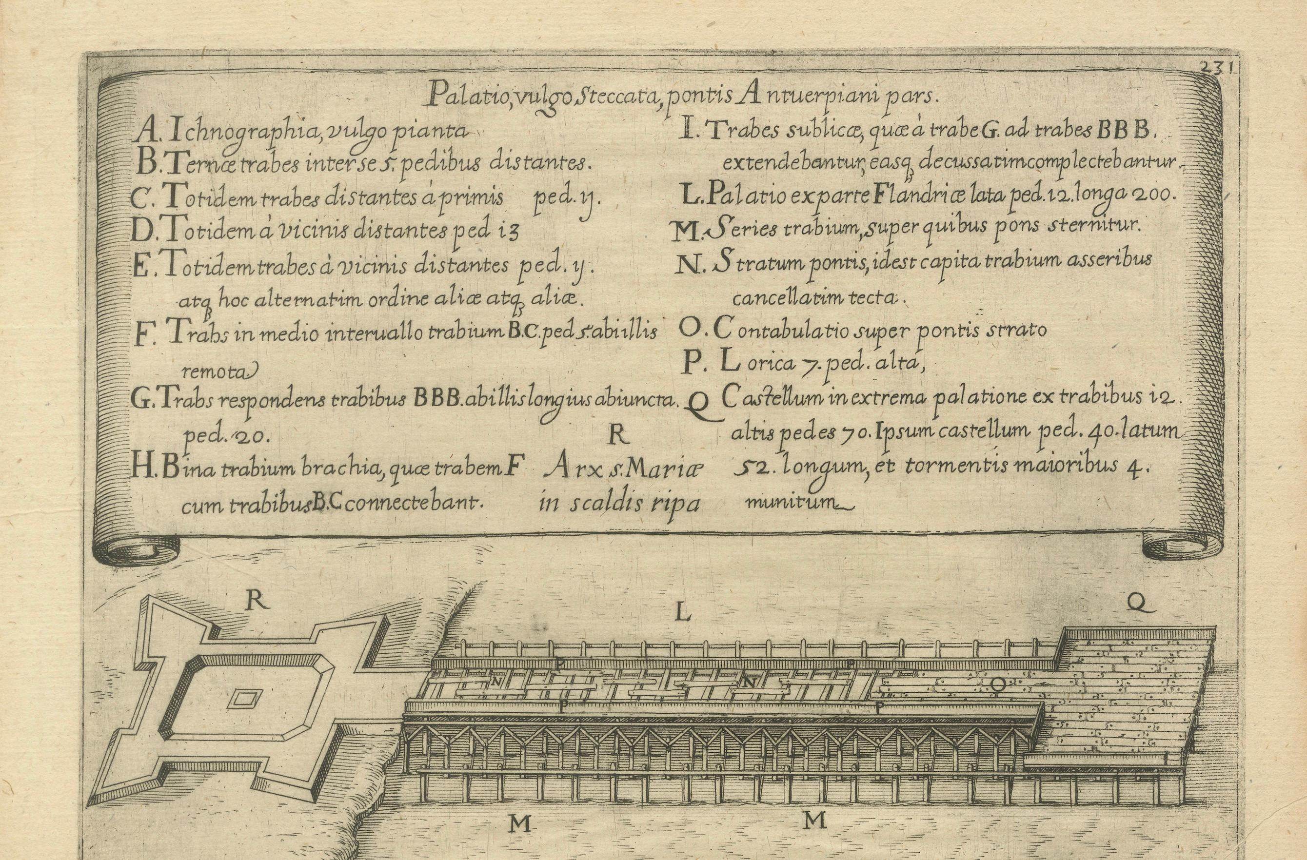 Es handelt sich um einen Originalstich aus dem Jahr 1585, der die Baupläne für die Schiffsbrücke zeigt, die der Herzog von Parma während der Belagerung von Antwerpen im Achtzigjährigen Krieg errichten ließ. 

Das Bild zeigt technische Zeichnungen