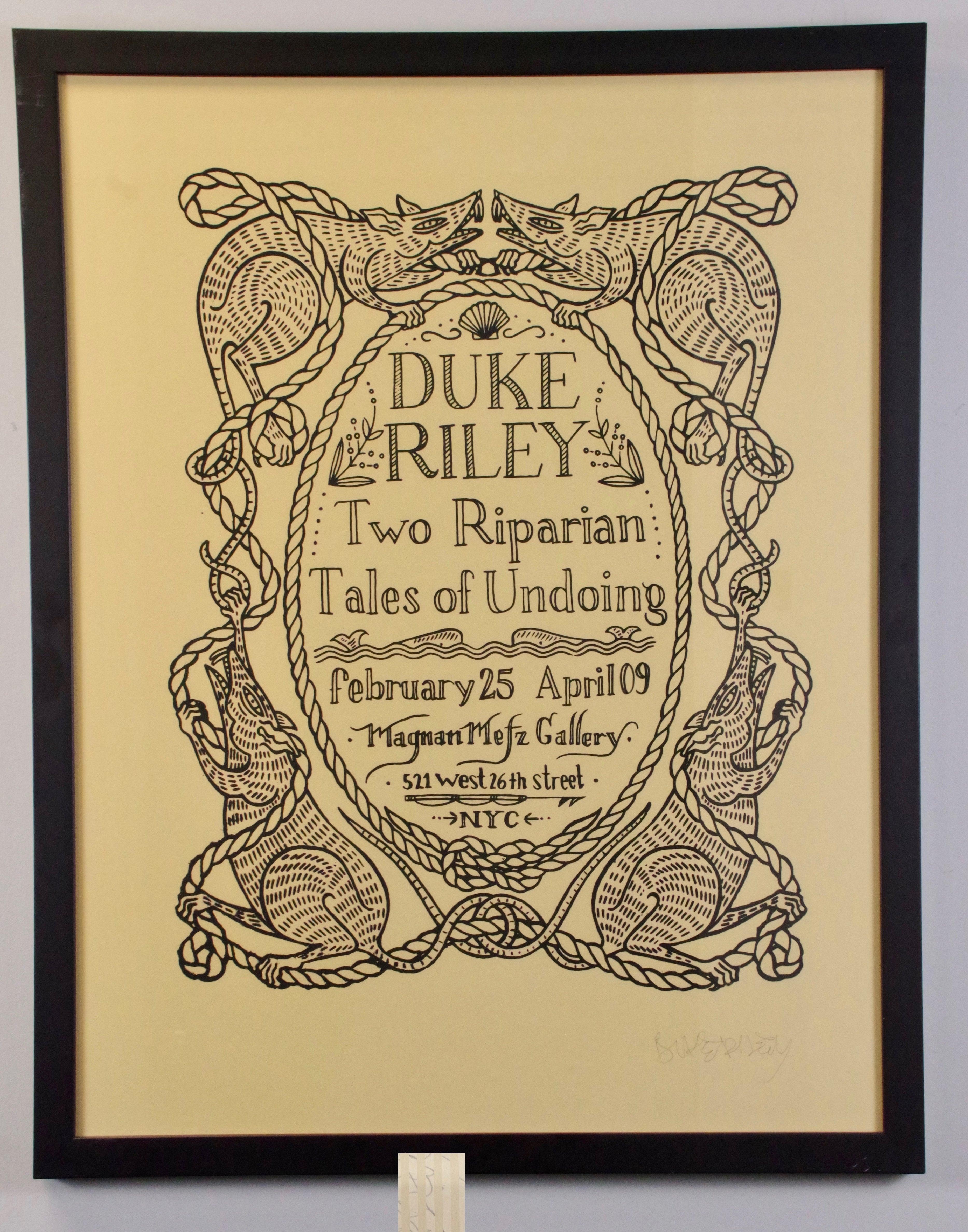 Paper Size: 32 x 24 inches ( 81.28 x 60.96 cm )
Image Size: 32 x 24 inches ( 81.28 x 60.96 cm )
Framed: Yes
Condition: A-: Near Mint, very light signs of handling

Additional Details: Exhibition poster for Duke Riley's one man show at Magnan Metz