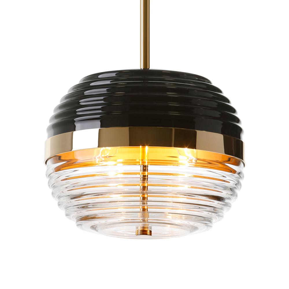 Suspension Duke single with black glass shade,
with structure and base in polished solid brass.
With handblown smoked blackened glass shade.
With 2 bulbs, lamp holder type
E14, max 40 watt. Bulbs not included.
Subtle and elegant piece.
Also