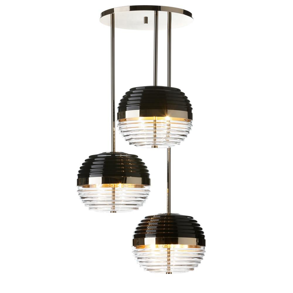Duke Triple Suspension with Black Glass Shade For Sale