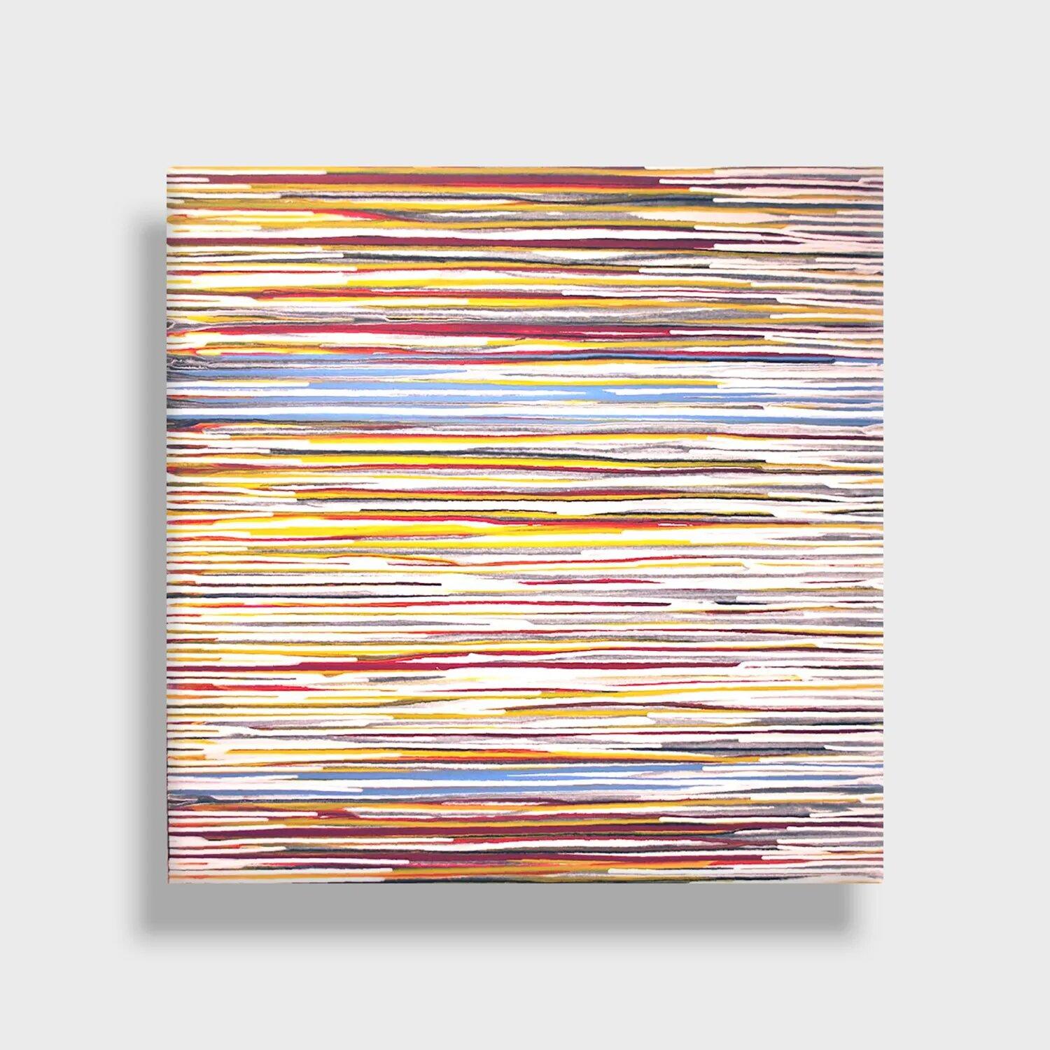 Peinture acrylique abstraite, « courants blancs, rouges, jaunes avec goutte à goutte bleu clair » - Painting de Duke Windsor
