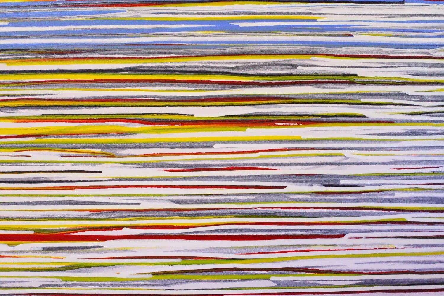 Peinture acrylique abstraite, « courants blancs, rouges, jaunes avec goutte à goutte bleu clair » - Expressionnisme abstrait Painting par Duke Windsor