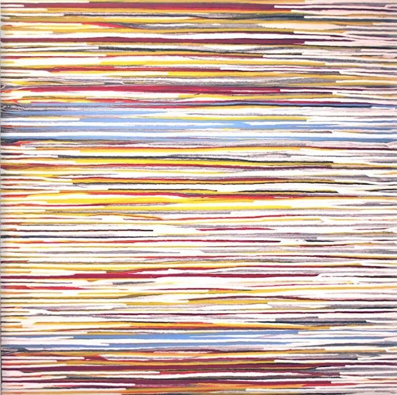 Abstract Painting Duke Windsor - Peinture acrylique abstraite, « courants blancs, rouges, jaunes avec goutte à goutte bleu clair »