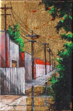 Peinture impressionniste de paysage urbain en techniques mixtes, « Golden Skies n° 98 »
