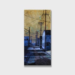Pintura acrílica impresionista de paisaje urbano, "Cielos dorados nº 1"