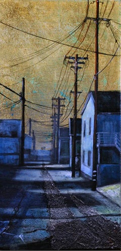 Peinture acrylique impressionniste - Paysage urbain, « Golden Skies No. 1 »