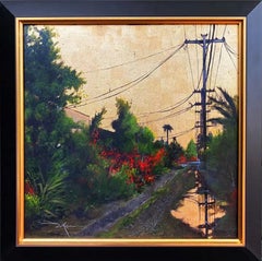 Pintura acrílica impresionista de paisaje urbano, "Cielos dorados nº 113"