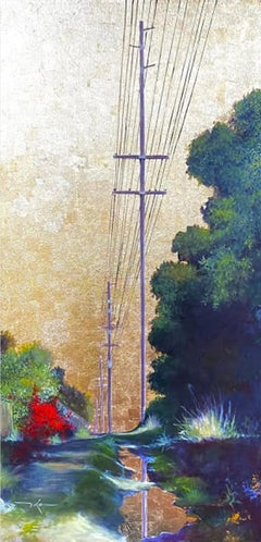 Impressionistisches Stadtbild, Acrylgemälde, „Goldene Himmel Nr. 117“