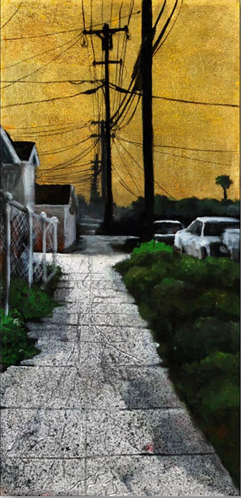 Pintura acrílica impresionista de paisaje urbano, "Cielos dorados nº 4"