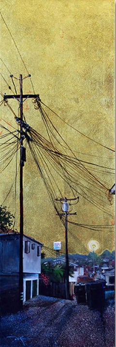 Pittura acrilica impressionistica di un paesaggio urbano, "Cieli dorati n. 8".