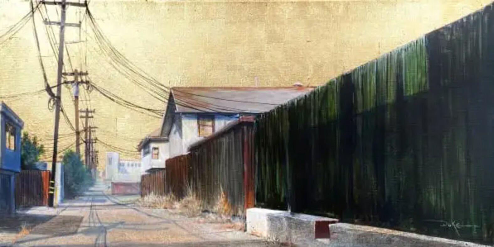 Duke Windsor Landscape Painting - Impressionistic Cityscape Acrylic Painting, "The Green Fence"